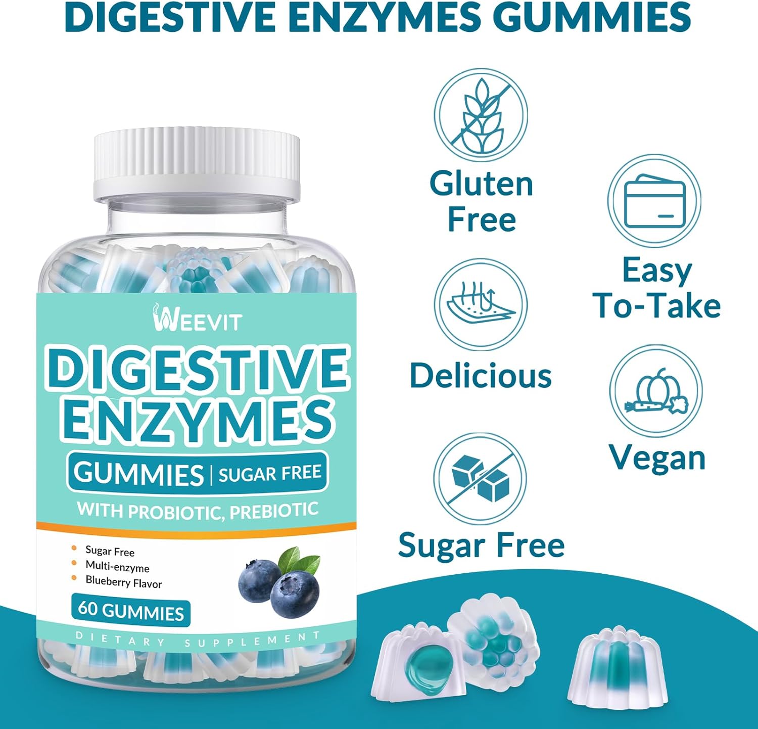 2-Month Supply of WEEVIT Digestive Enzymes Gummies with Probiotics & Prebiotics - Vegan Blueberry Flavored Chewables for Men & Women - Sugar-Free