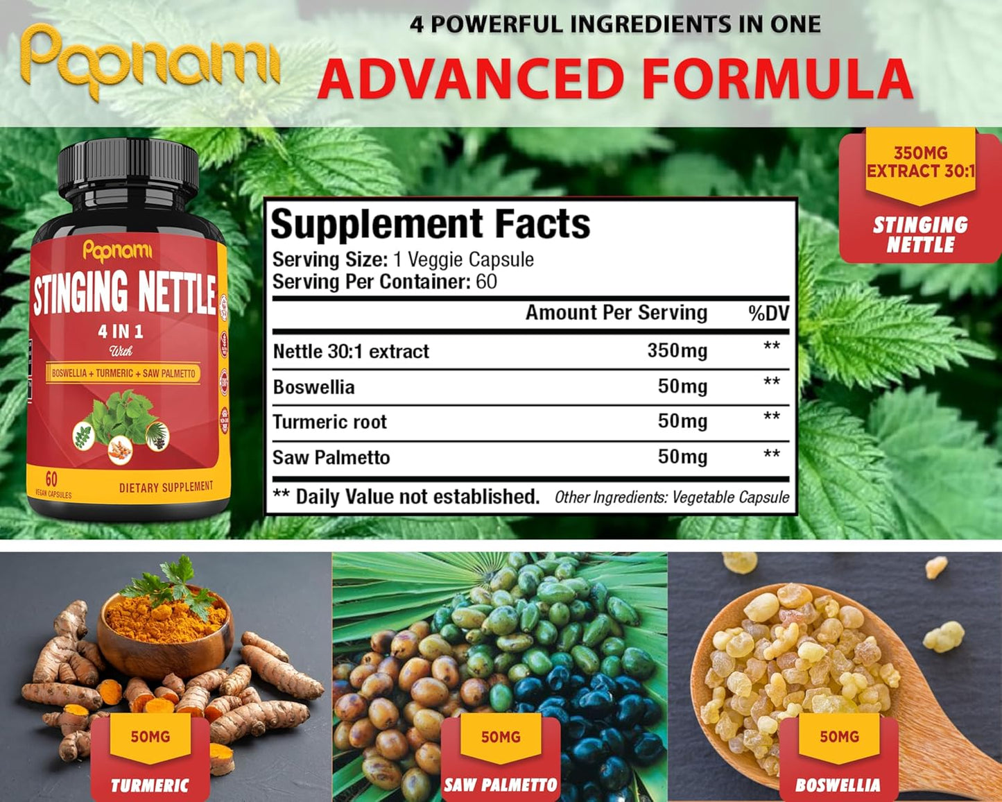 2 Month Supply Papnami Stinging Nettle Extract Capsules with Boswellia, Turmeric & Saw Palmetto for Joint, Body Management, Skin, Hair & Immunity