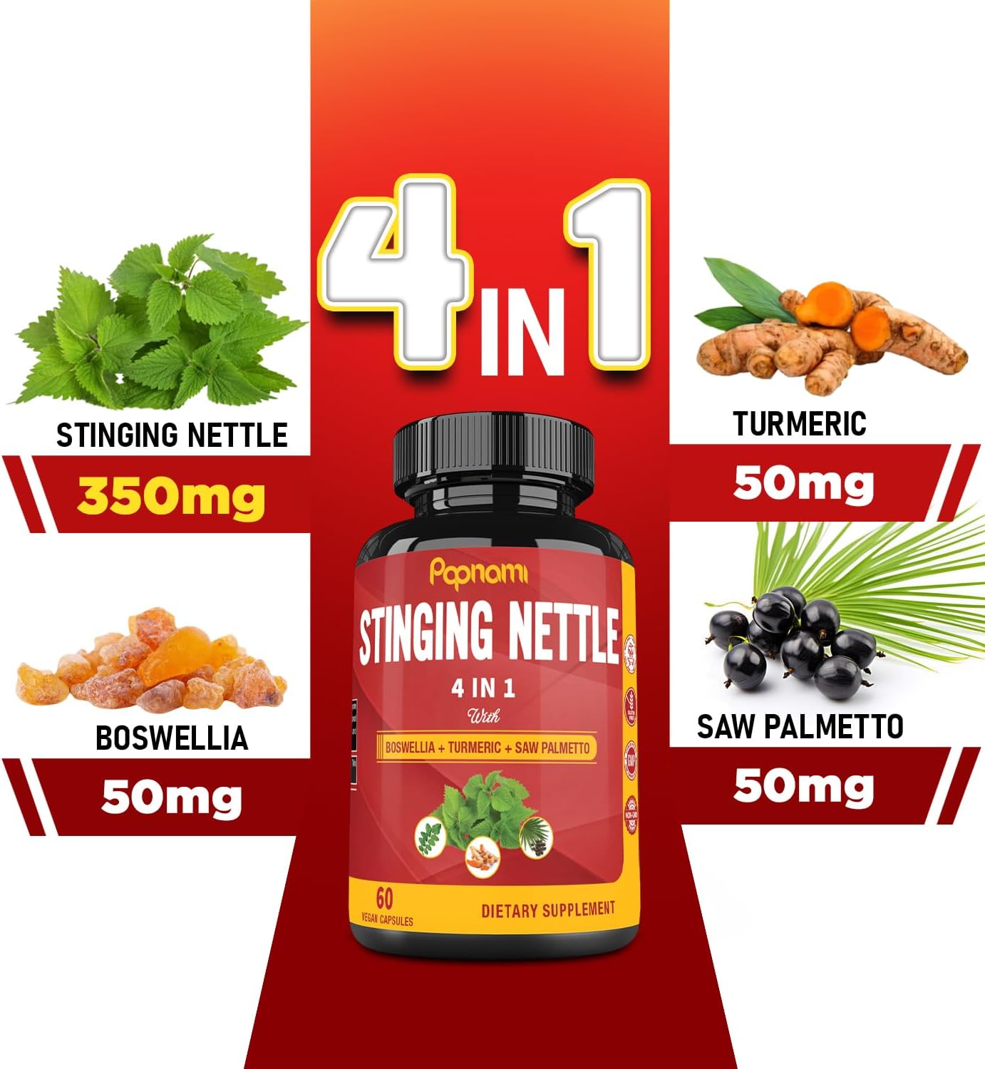 2 Month Supply Papnami Stinging Nettle Extract Capsules with Boswellia, Turmeric & Saw Palmetto for Joint, Body Management, Skin, Hair & Immunity