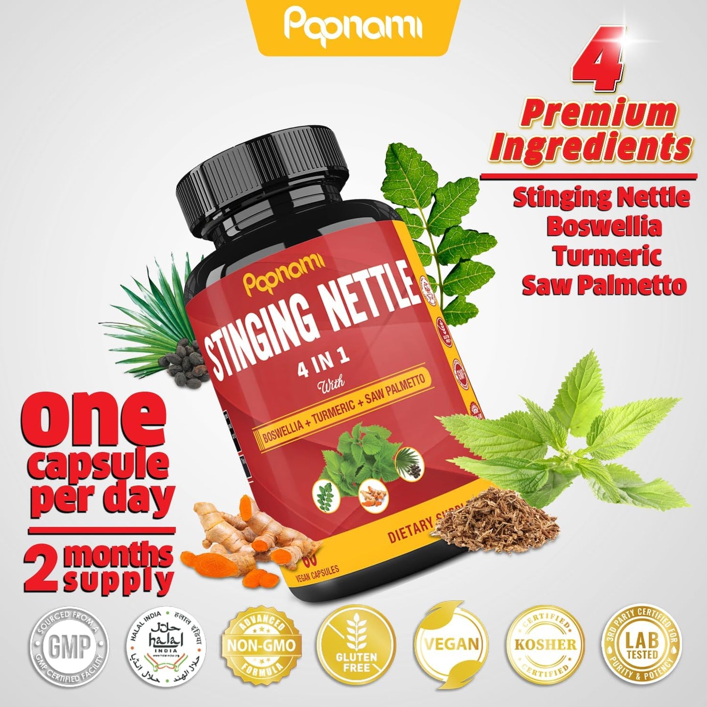 2 Month Supply Papnami Stinging Nettle Extract Capsules with Boswellia, Turmeric & Saw Palmetto for Joint, Body Management, Skin, Hair & Immunity