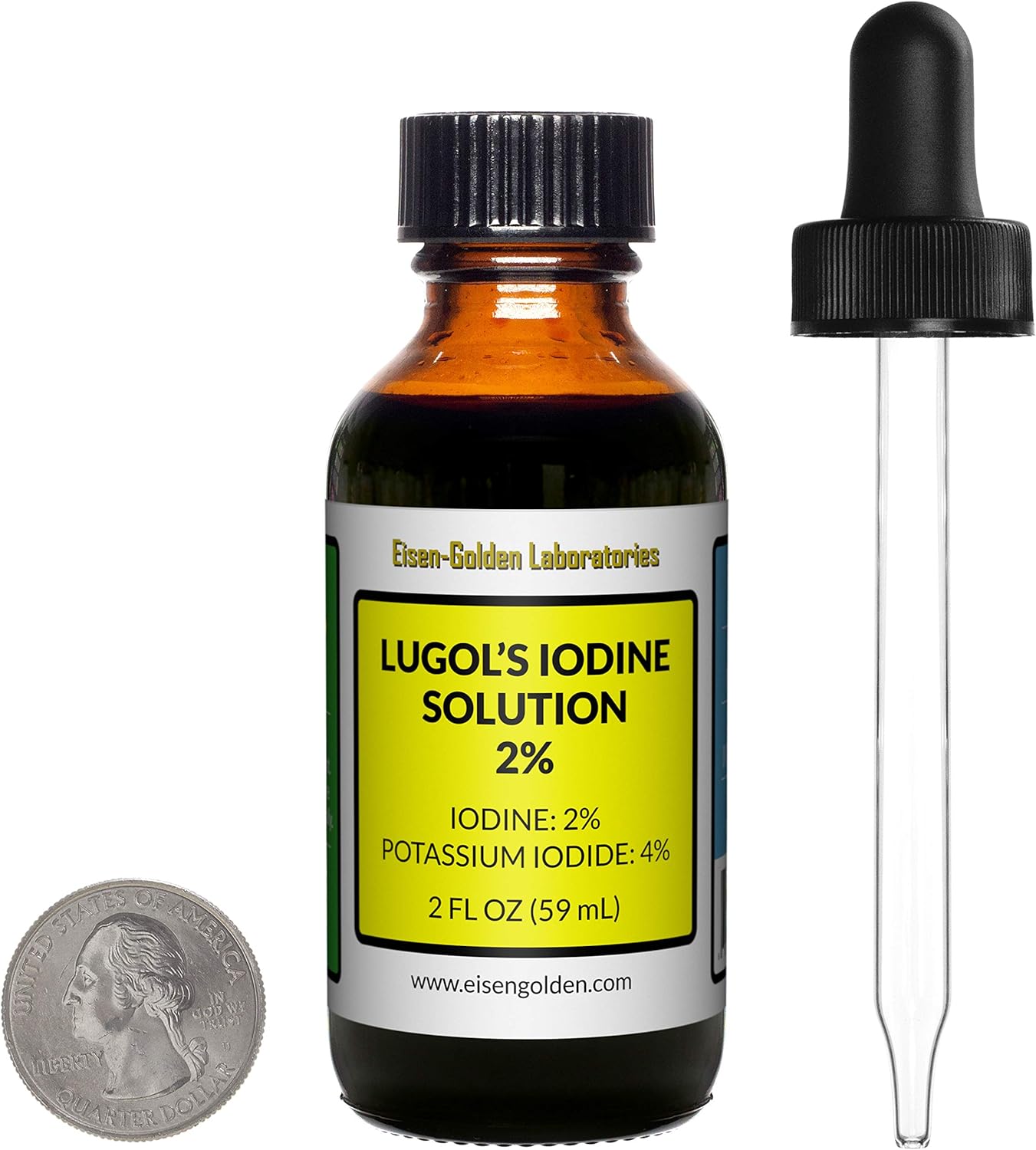 2 Oz Lugol's Iodine Solution - 2% Concentration - Amber Glass Bottle with Dropper by Eisen-Golden Labs