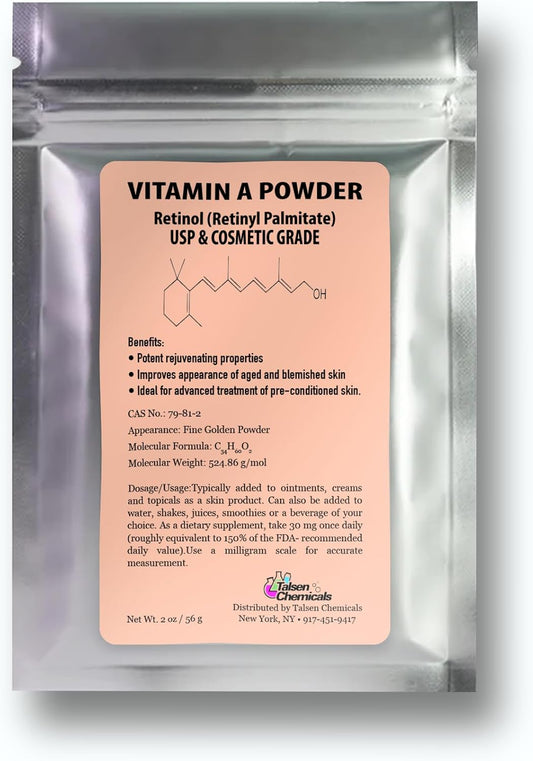 2 oz. Talsen Chemicals Vitamin A Powder - Water Soluble Retinol Palmitate - USP & Cosmetic Grade - 56g