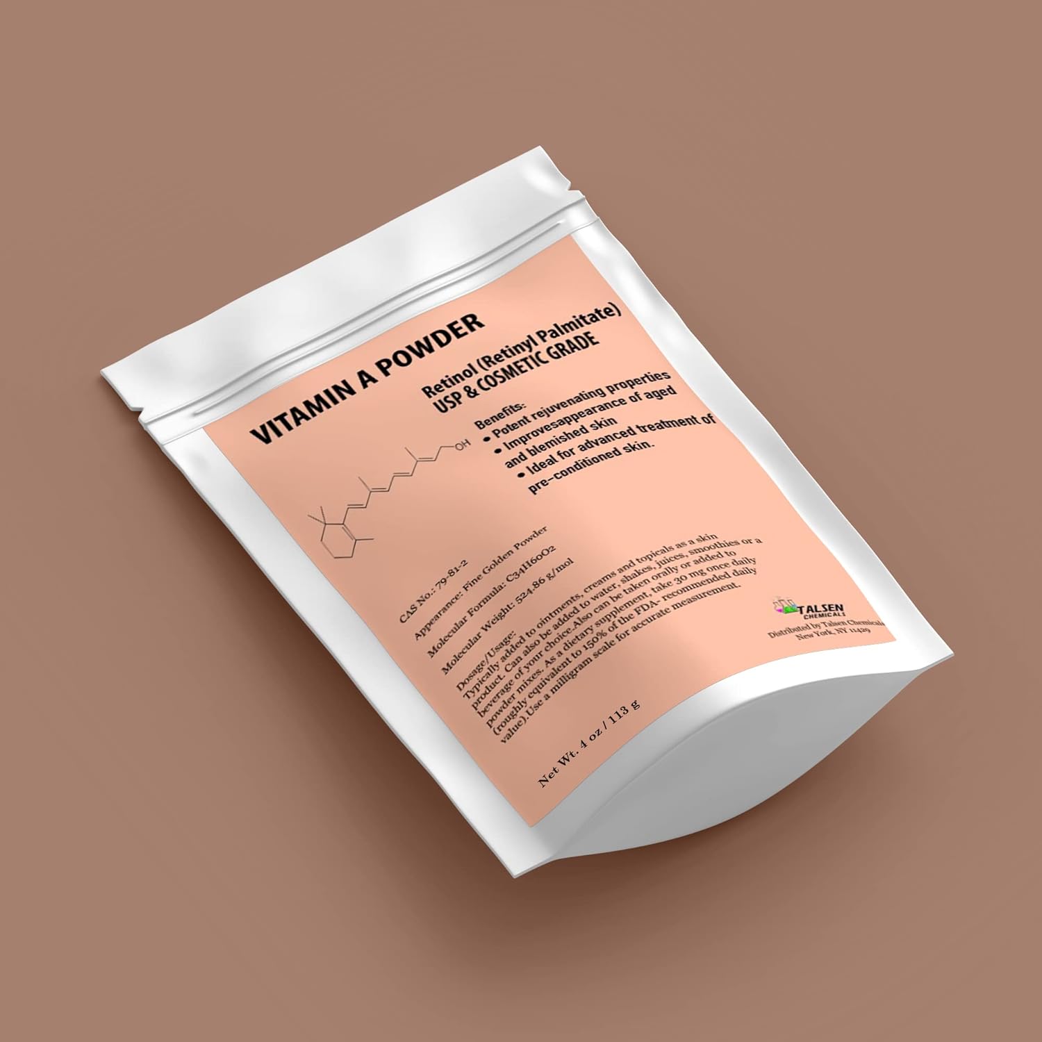 2 oz. Talsen Chemicals Vitamin A Powder - Water Soluble Retinol Palmitate - USP & Cosmetic Grade - 56g