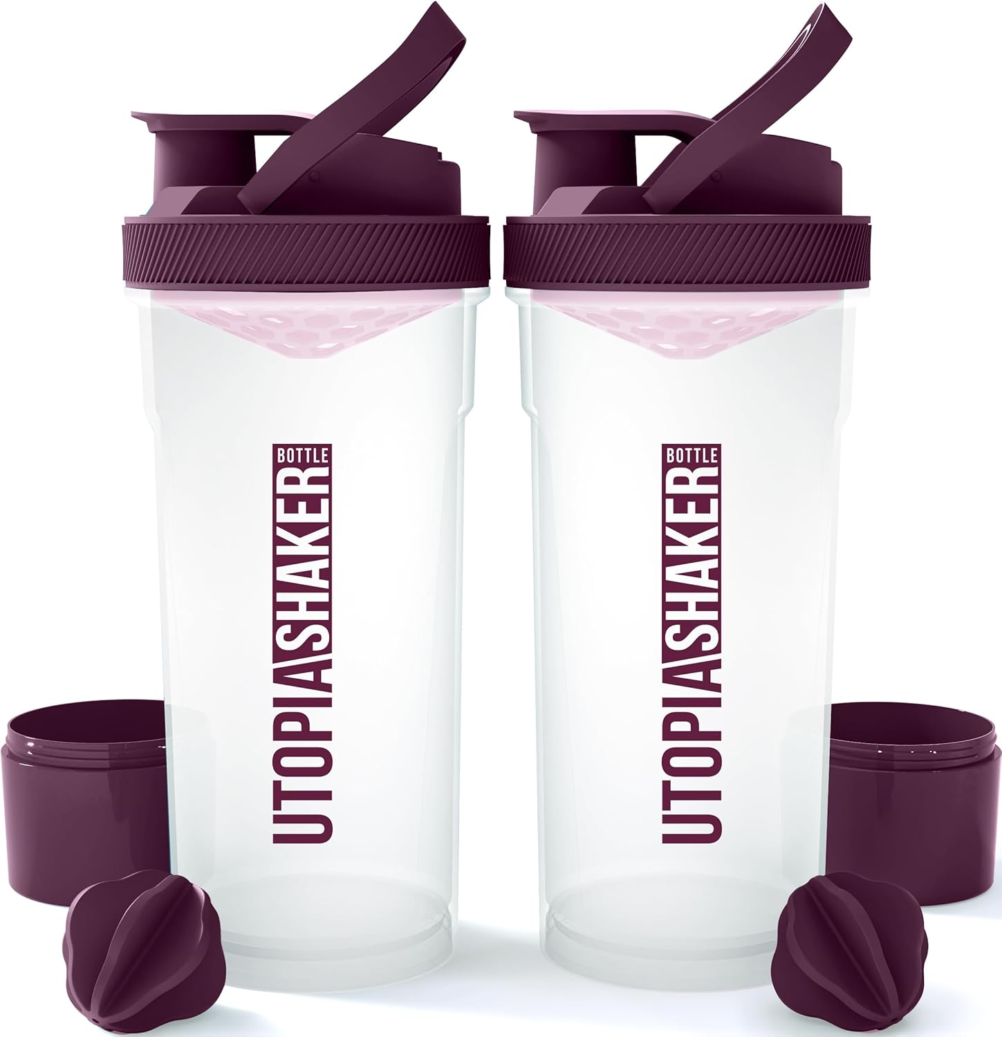 2 Pack 24 oz Plastic Shaker Bottles with Twist & Lock Protein Box - Ideal for Protein Shakes and Cocktails Before & After Workouts - Clear/Plum Color