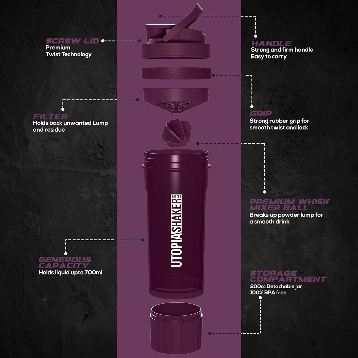 2 Pack 24 oz Plastic Shaker Bottles with Twist & Lock Protein Box - Ideal for Protein Shakes and Cocktails Before & After Workouts - Clear/Plum Color