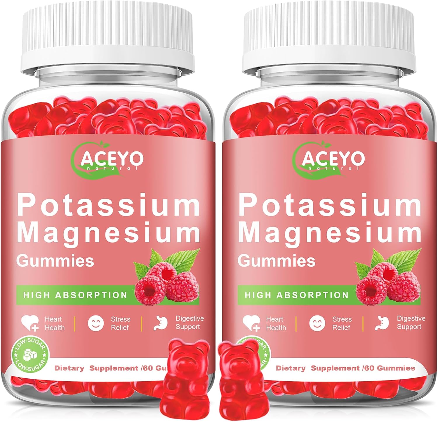 2 Pack ACEYO Raspberry Magnesium Gummies for Adults & Kids | High Absorption | Leg Cramp Relief | Heart & Immune Health | Vegan Chewable Supplement
