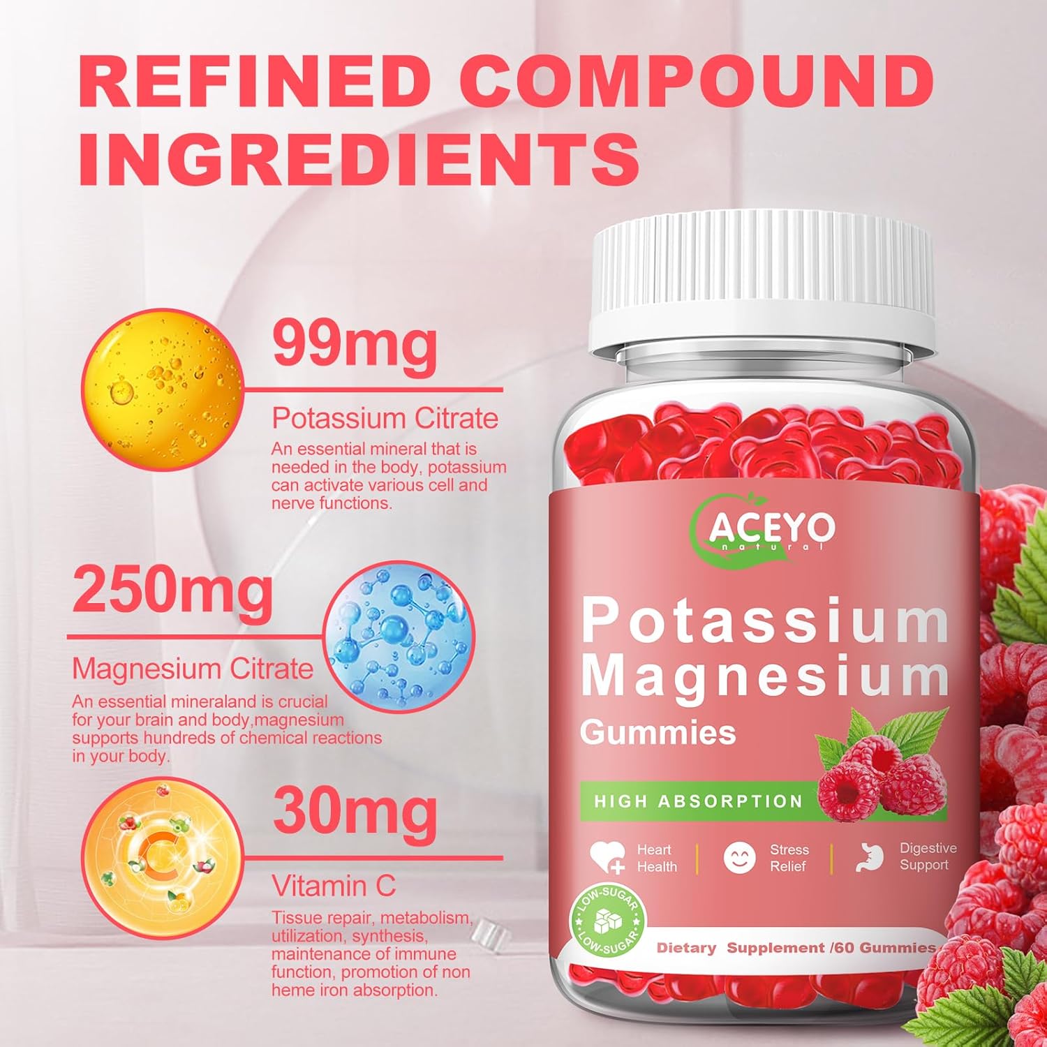 2 Pack ACEYO Raspberry Magnesium Gummies for Adults & Kids | High Absorption | Leg Cramp Relief | Heart & Immune Health | Vegan Chewable Supplement
