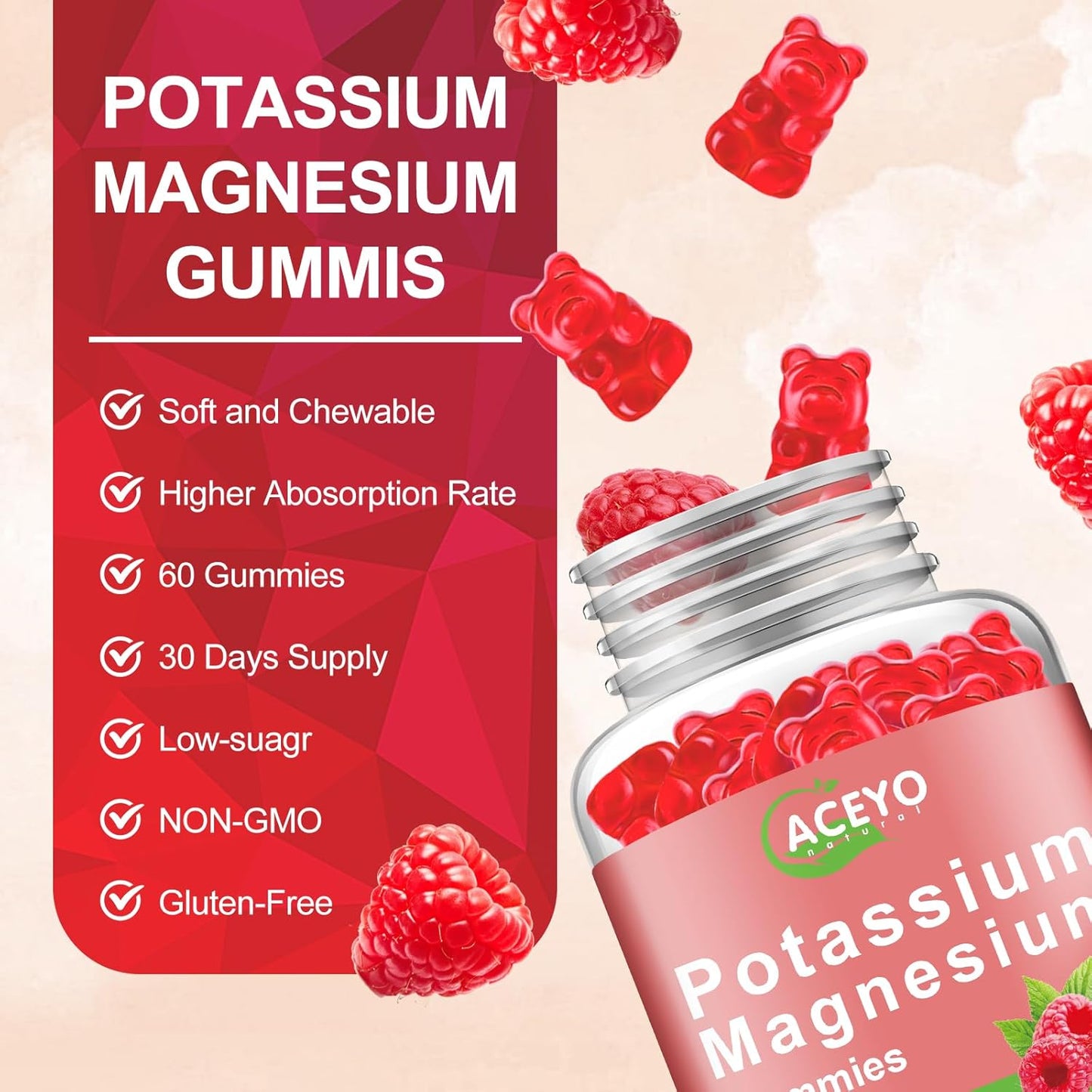 2 Pack ACEYO Raspberry Magnesium Gummies for Adults & Kids | High Absorption | Leg Cramp Relief | Heart & Immune Health | Vegan Chewable Supplement