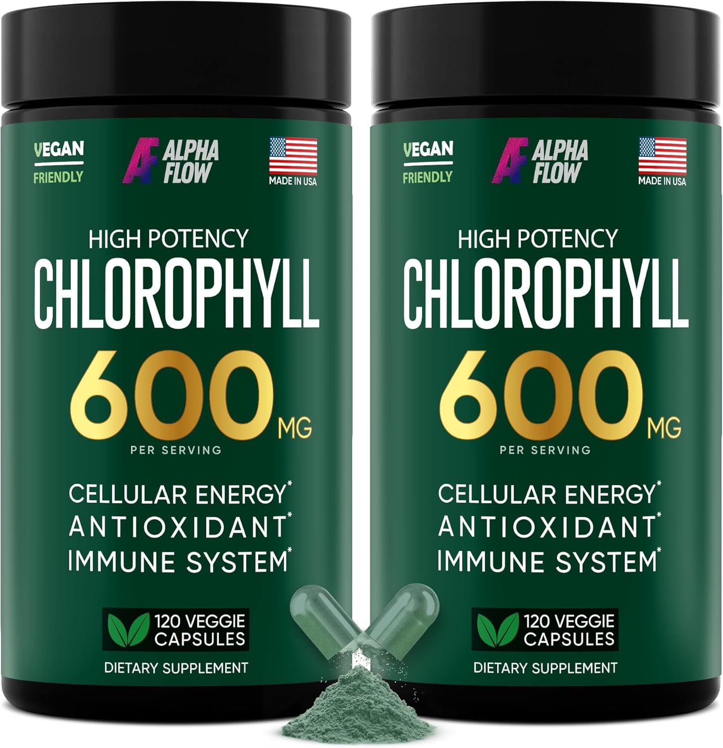2 Pack Alpha Flow 600mg Chlorophyll Capsules - Energy & Skin Supplement for Women & Men - Internal Deodorant - 240 Pills