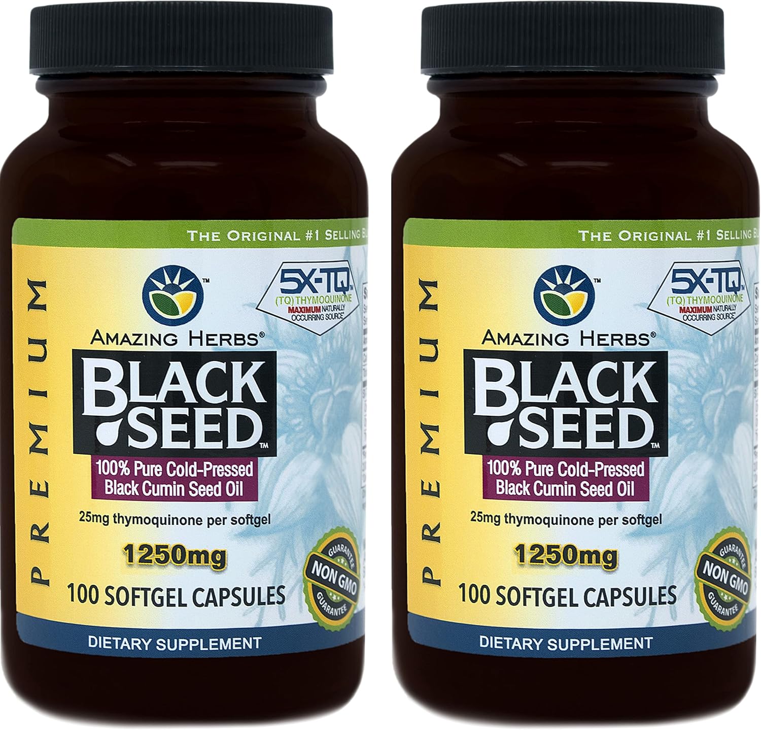 2-Pack Amazing Herbs Black Seed Oil Pills 1250mg - 100 Softgel Capsules per Bottle