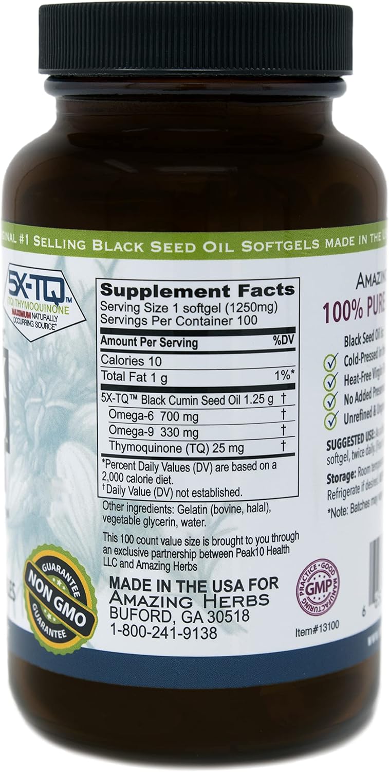 2-Pack Amazing Herbs Black Seed Oil Pills 1250mg - 100 Softgel Capsules per Bottle
