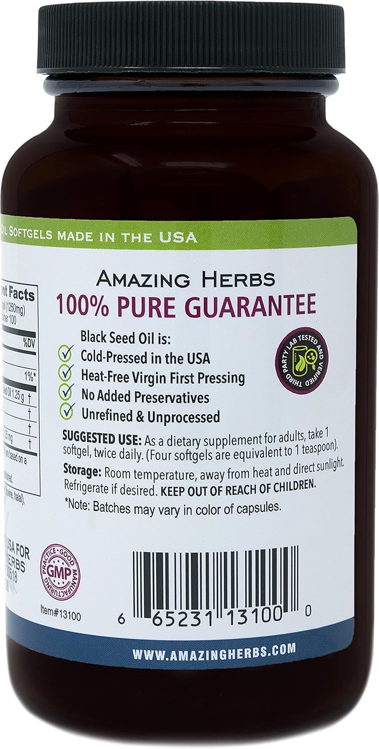 2-Pack Amazing Herbs Black Seed Oil Pills 1250mg - 100 Softgel Capsules per Bottle