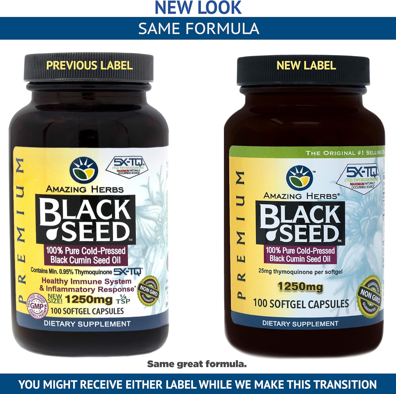 2-Pack Amazing Herbs Black Seed Oil Pills 1250mg - 100 Softgel Capsules per Bottle