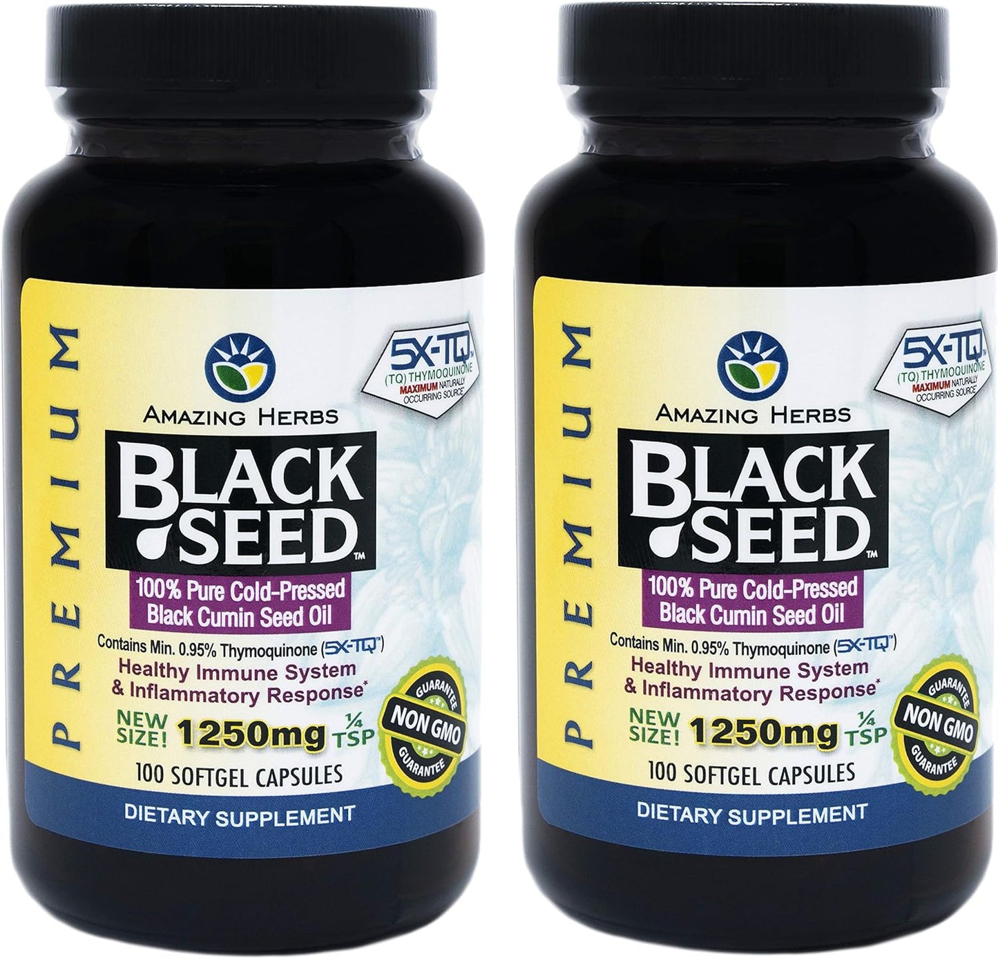 2-Pack Amazing Herbs Black Seed Oil Pills 1250mg - 100 Softgel Capsules per Bottle