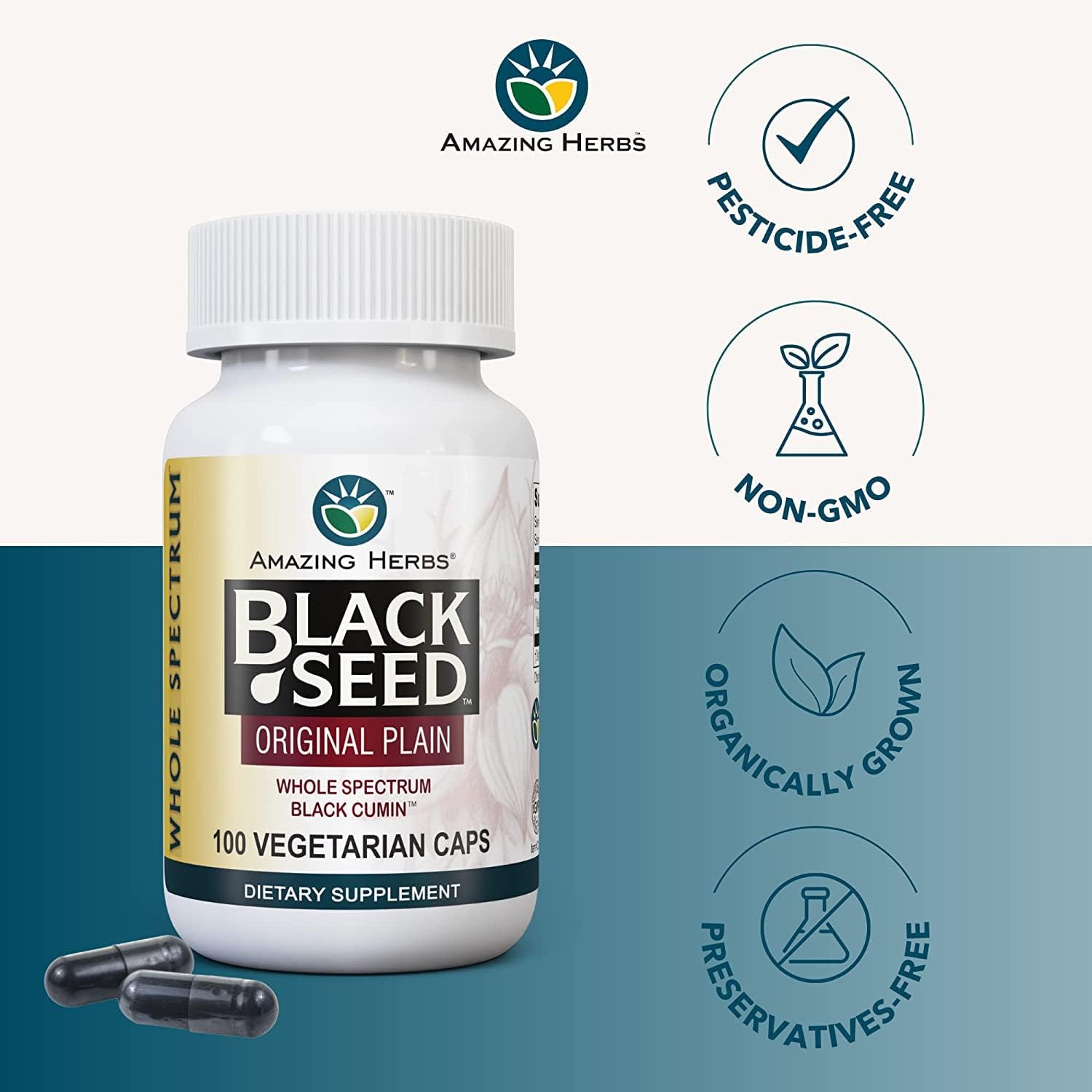 2-Pack Amazing Herbs Whole Spectrum Black Seed Vegetarian Capsules - Gluten Free, Non GMO, Cold Pressed Nigella Sativa for Digestive Health - 100 Count, 475mg