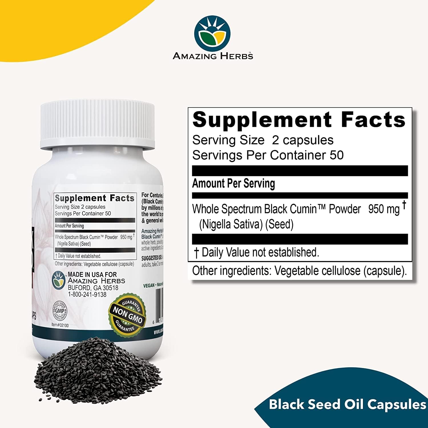 2-Pack Amazing Herbs Whole Spectrum Black Seed Vegetarian Capsules - Gluten Free, Non GMO, Cold Pressed Nigella Sativa for Digestive Health - 100 Count, 475mg