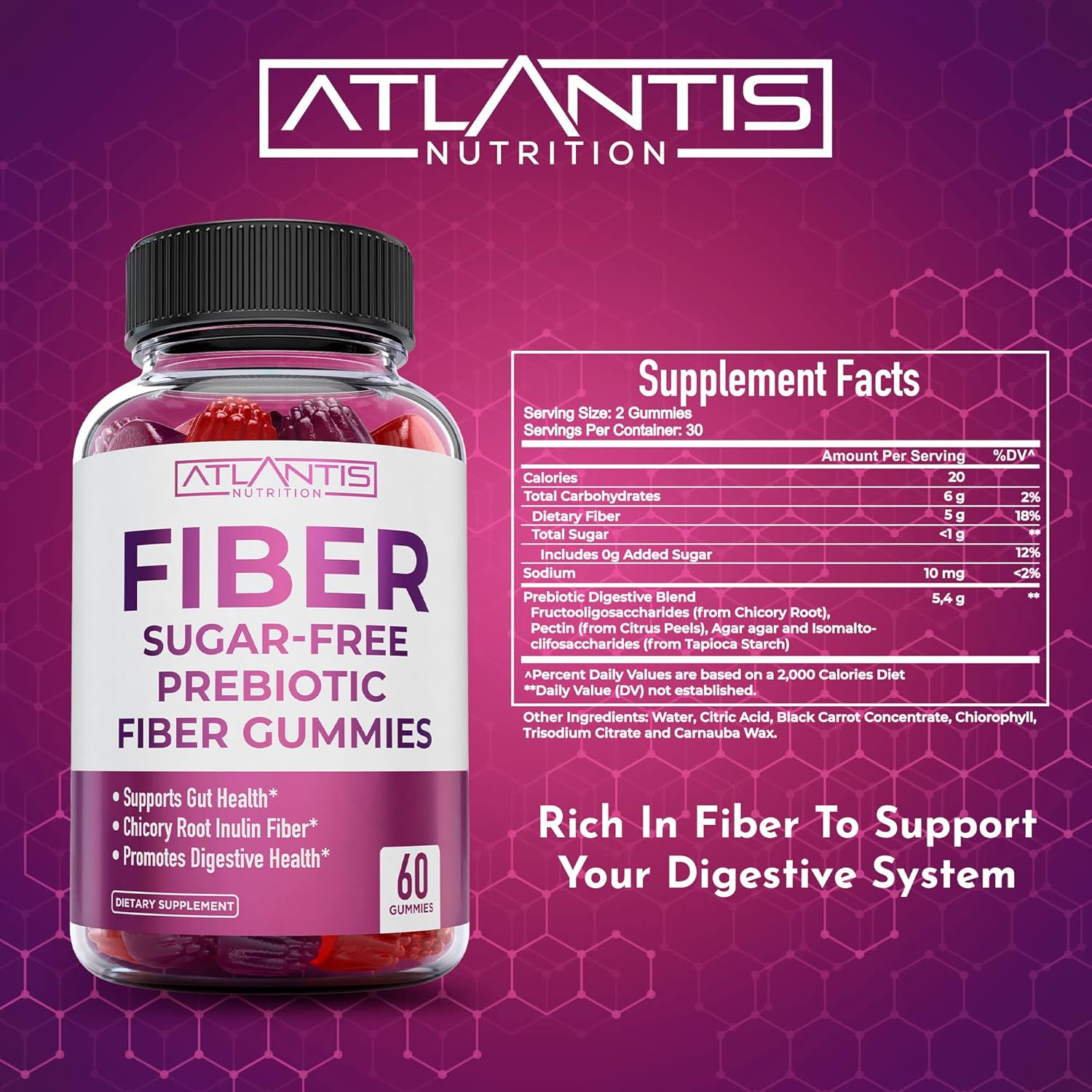 2-Pack Atlantis Nutrition Sugar Free Prebiotic Fiber Gummies (120 Gummies) + Sugar Free Keto Apple Cider Vinegar Gummies