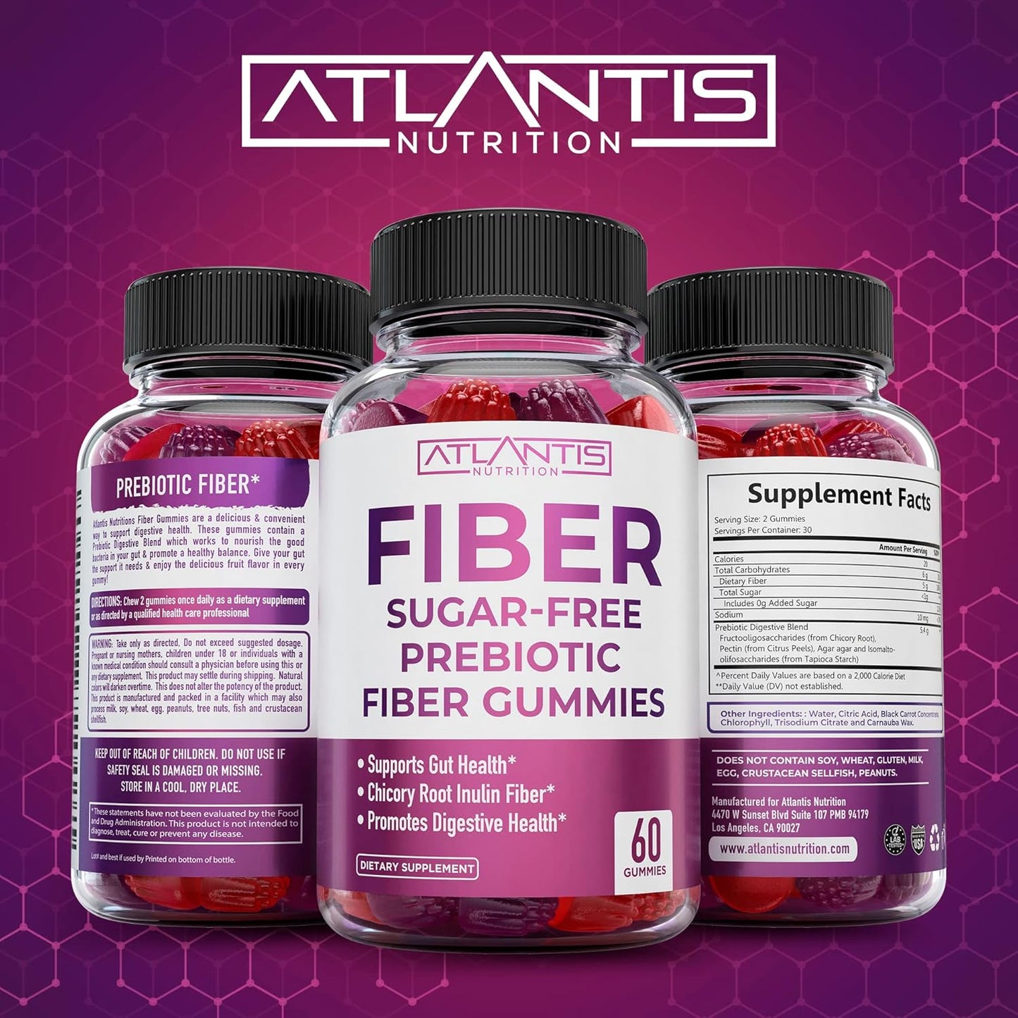 2-Pack Atlantis Nutrition Sugar Free Prebiotic Fiber Gummies for Adults with Supergreens - 180 Gummies Total