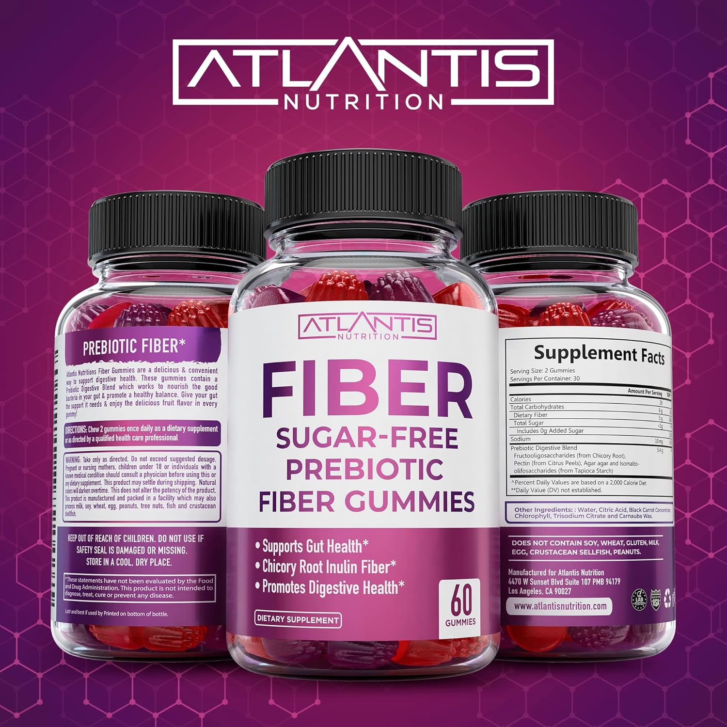 2-Pack Atlantis Nutrition Sugar Free Prebiotic Fiber Gummies for Adults with Supergreens - 180 Gummies Total