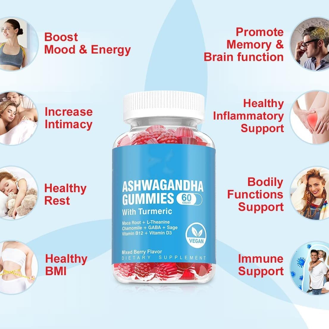 2-Pack AUSOTOO Ashwagandha Gummies - 60 Count Mixed Berry Bottles, KSM-66, Vegan, Non-GMO, Gluten-Free