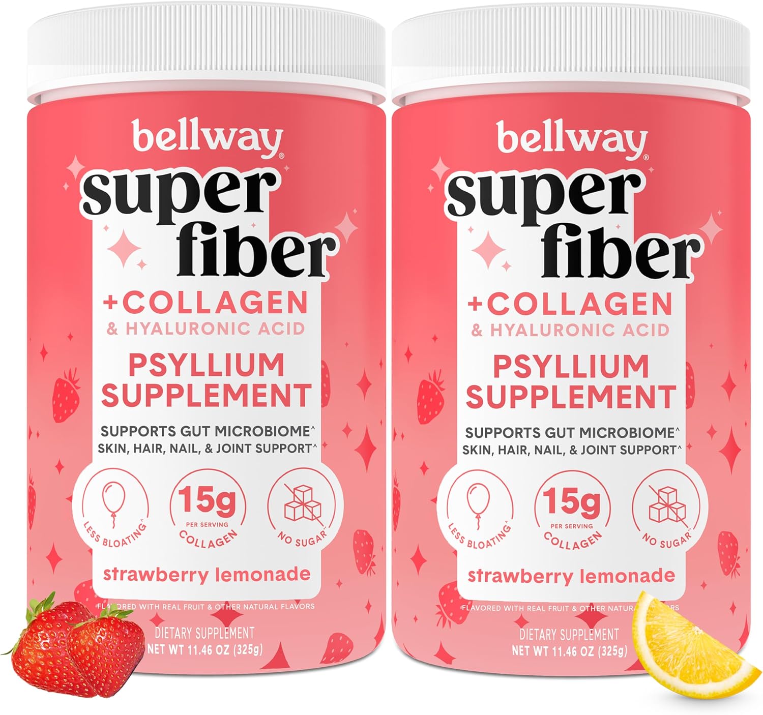 2 Pack Bellway Super Fiber Powder + Collagen Peptides for Gut Health & Skin - Strawberry Lemonade Flavor, 22.92 oz