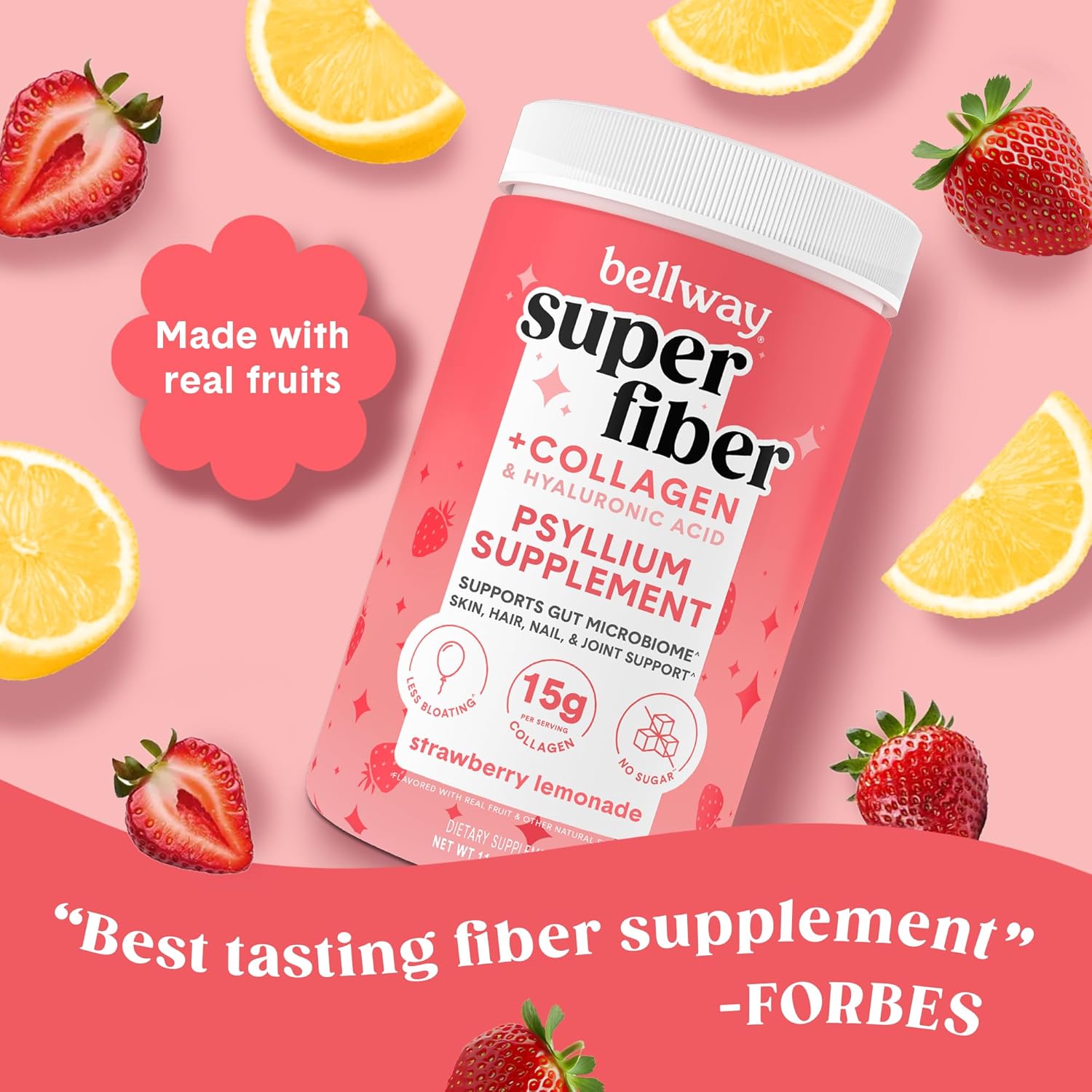 2 Pack Bellway Super Fiber Powder + Collagen Peptides for Gut Health & Skin - Strawberry Lemonade Flavor, 22.92 oz