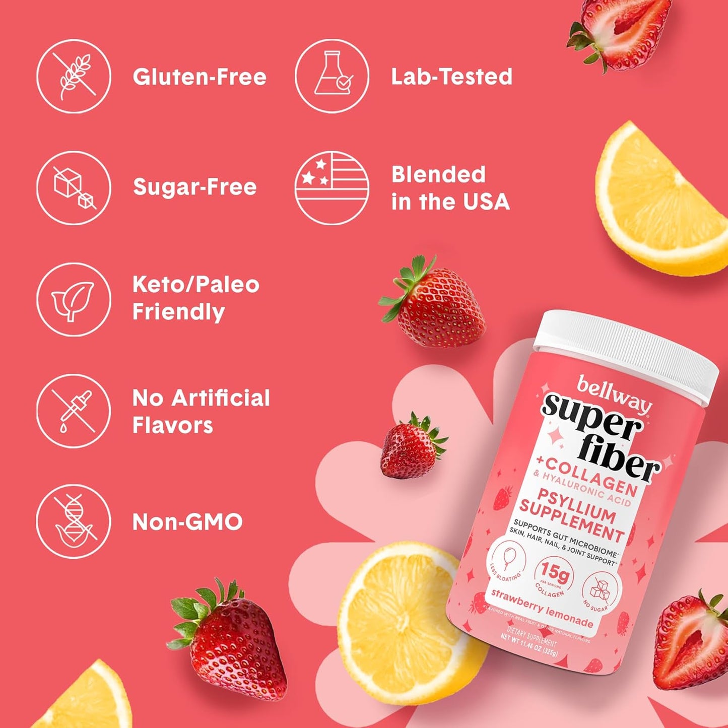 2 Pack Bellway Super Fiber Powder + Collagen Peptides for Gut Health & Skin - Strawberry Lemonade Flavor, 22.92 oz
