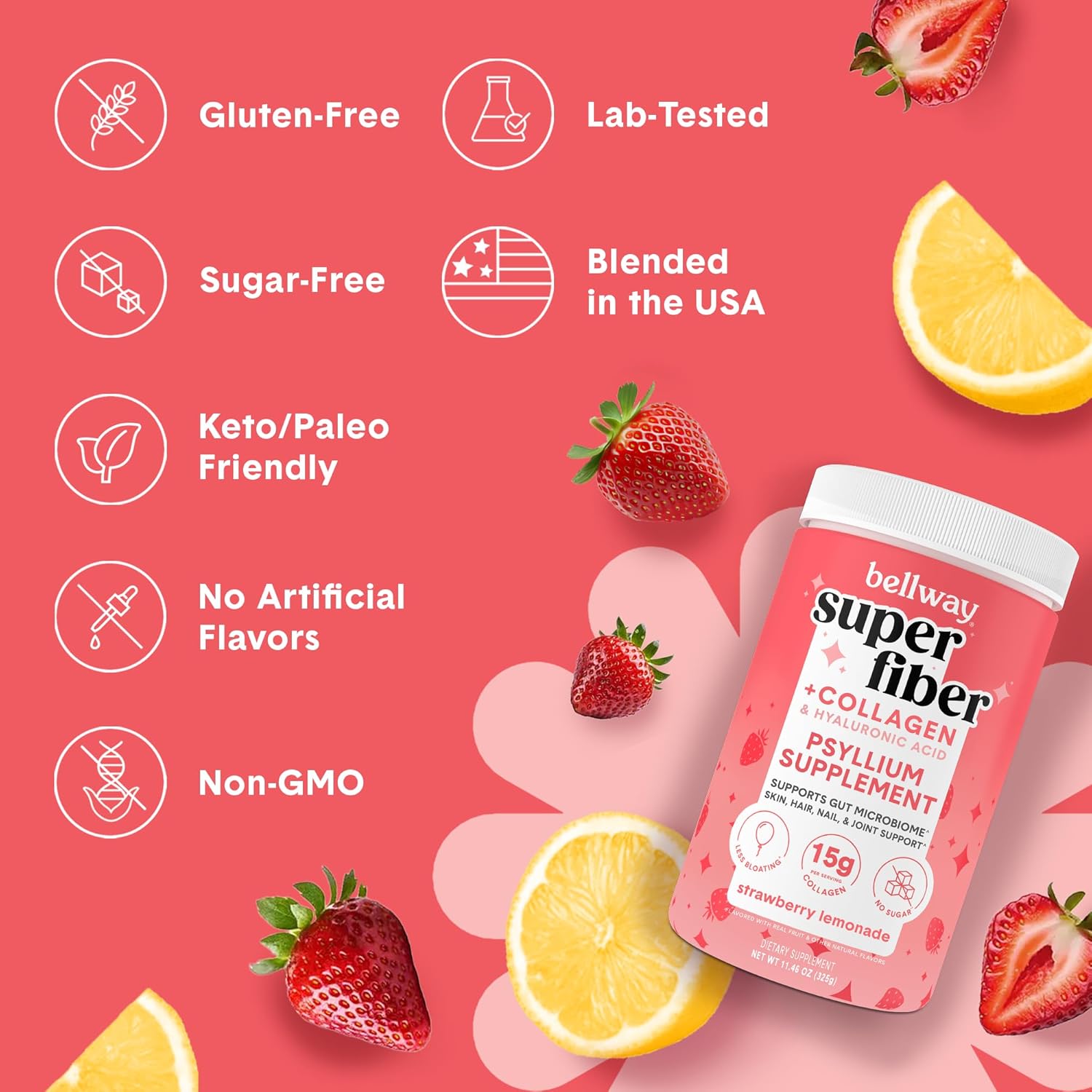 2 Pack Bellway Super Fiber Powder + Collagen Peptides for Gut Health & Skin - Strawberry Lemonade Flavor, 22.92 oz