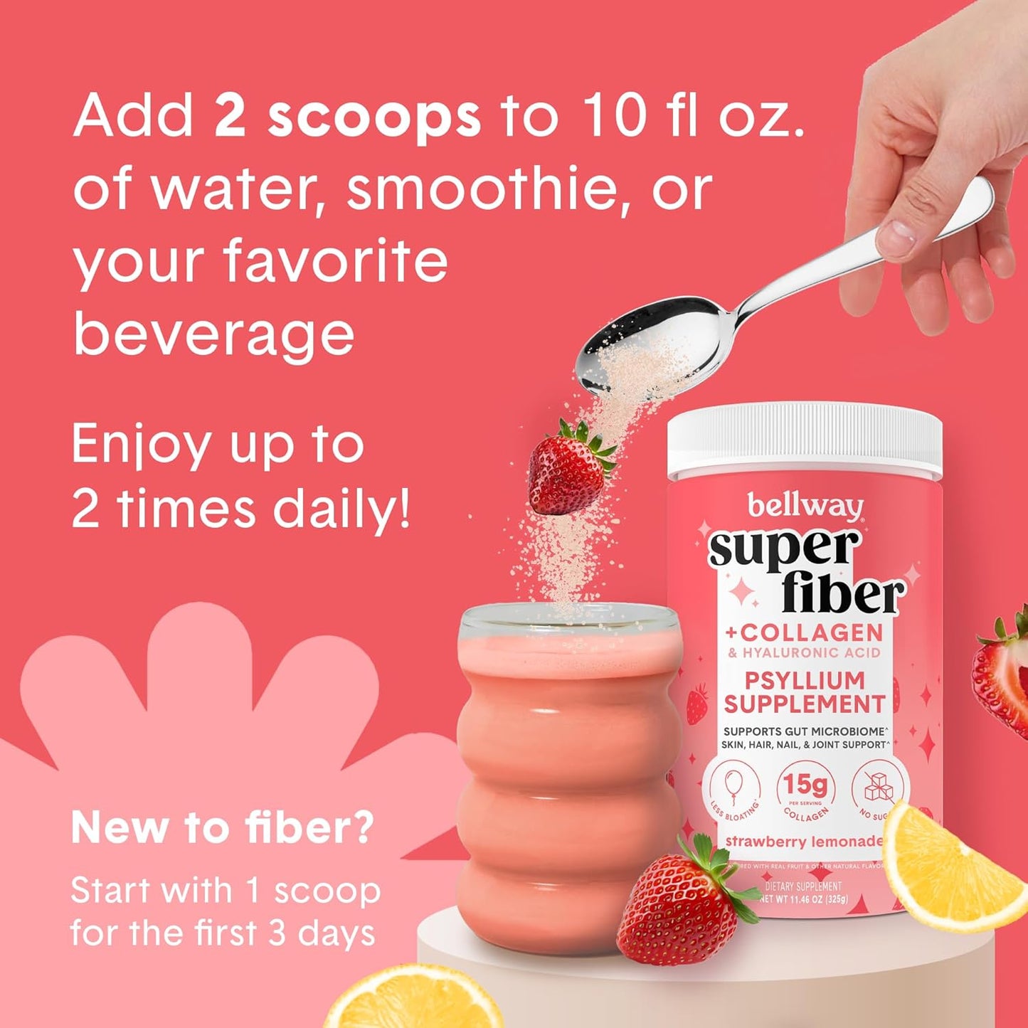 2 Pack Bellway Super Fiber Powder + Collagen Peptides for Gut Health & Skin - Strawberry Lemonade Flavor, 22.92 oz