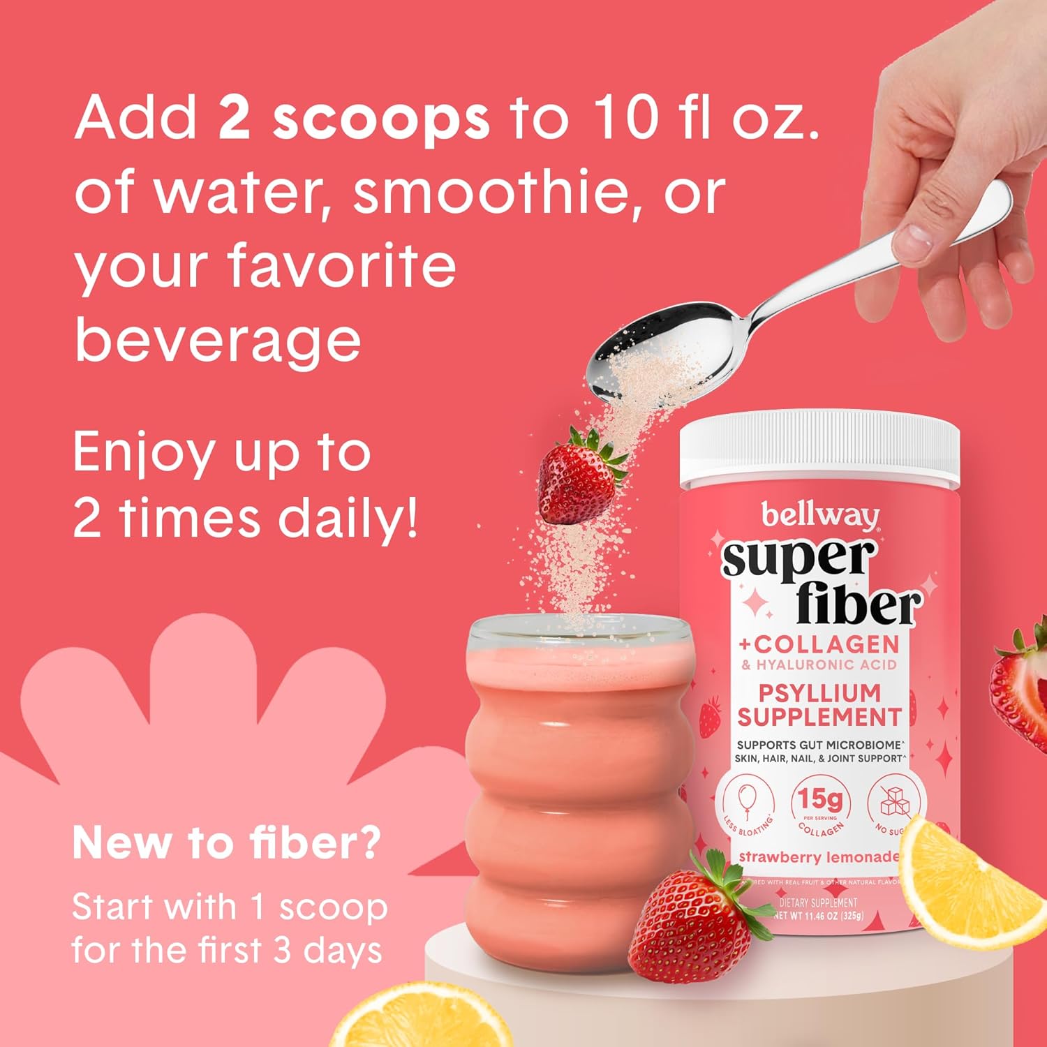 2 Pack Bellway Super Fiber Powder + Collagen Peptides for Gut Health & Skin - Strawberry Lemonade Flavor, 22.92 oz