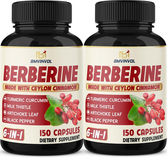 2 Pack Berberine HCl Root Supplements with Ceylon Cinnamon, Turmeric, Milk Thistle, Artichoke, and Black Pepper - Immune System Support
