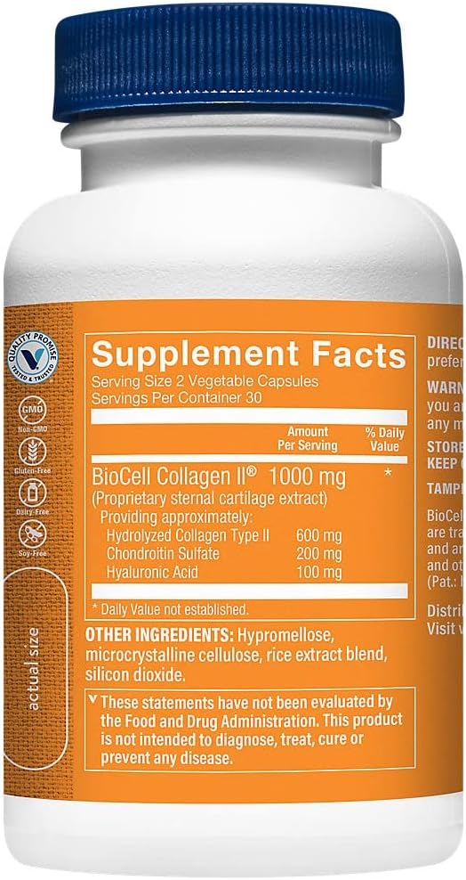 2-Pack Biocell Collagen II with Hyaluronic Acid 1000mg for Skin and Joint Health - 60 Vegetable Capsules