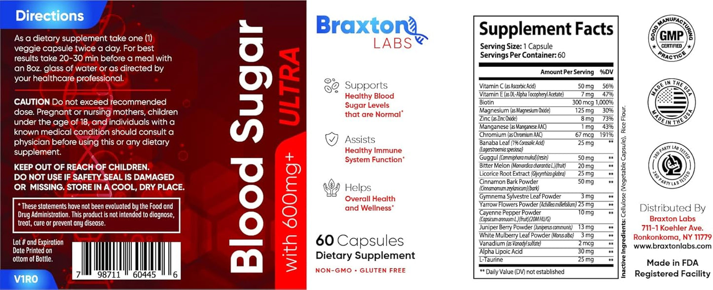 2 Pack Braxton Labs Blood Sugar Ultra Capsules - 120 Count (60x2) ABSVO Supplement