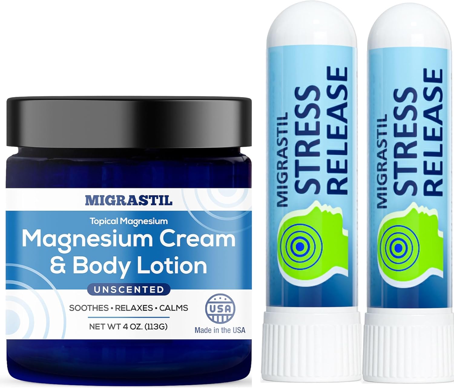 2-Pack Bundle: Made in USA Unscented Magnesium Cream & Stress Release Inhaler