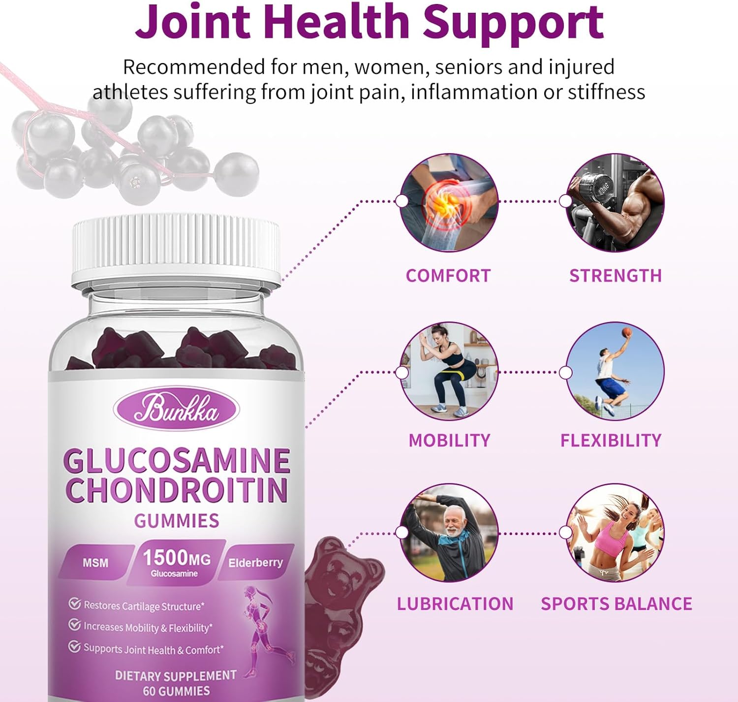 2-Pack Bunkka Glucosamine Chondroitin Gummies with MSM, Elderberry, Hyaluronic Acid - Chewable Joint Support for Adults - Antioxidant Joint Comfort & Mobility Supplement
