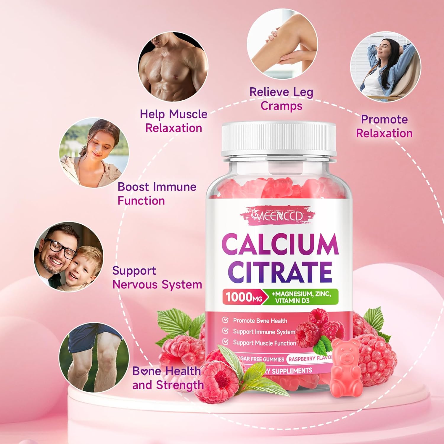 2 Pack Calcium Citrate Gummies 1000mg with Vitamin D3 for High Absorption, Muscle & Immune Support - Raspberry Flavor - 120 Count