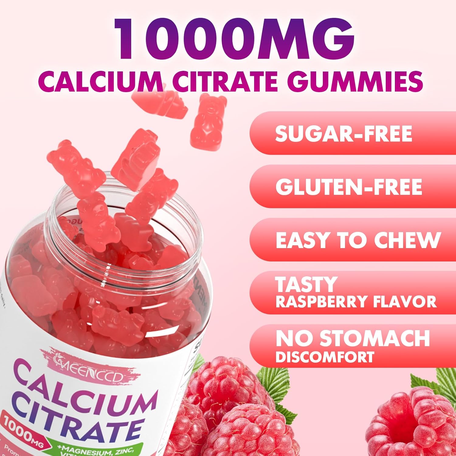 2 Pack Calcium Citrate Gummies 1000mg with Vitamin D3 for High Absorption, Muscle & Immune Support - Raspberry Flavor - 120 Count