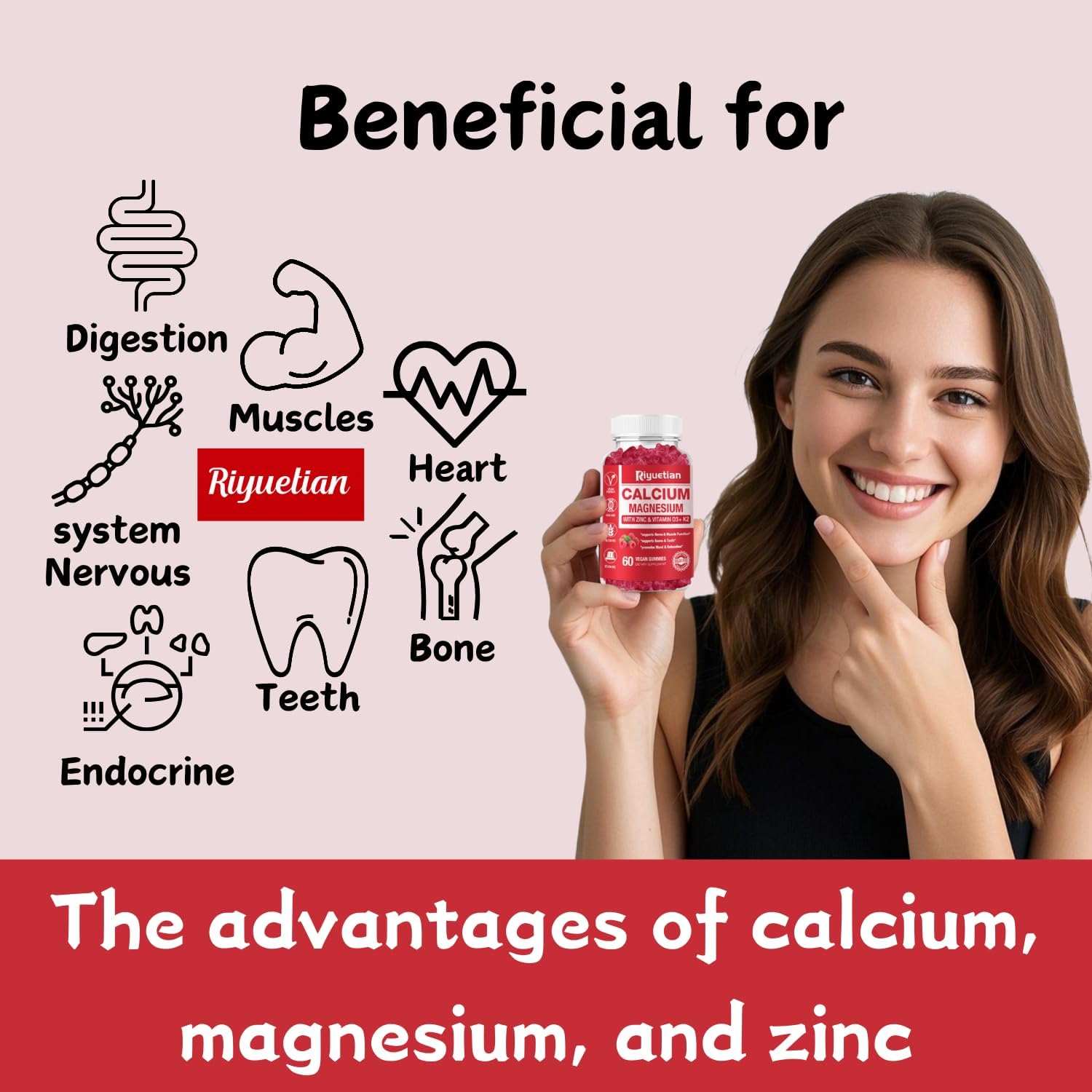 2 Pack Calcium Magnesium Zinc Gummies with Vitamin D3 for Bone, Muscle & Immune Health - 120 Count - Vegan & Gluten-Free
