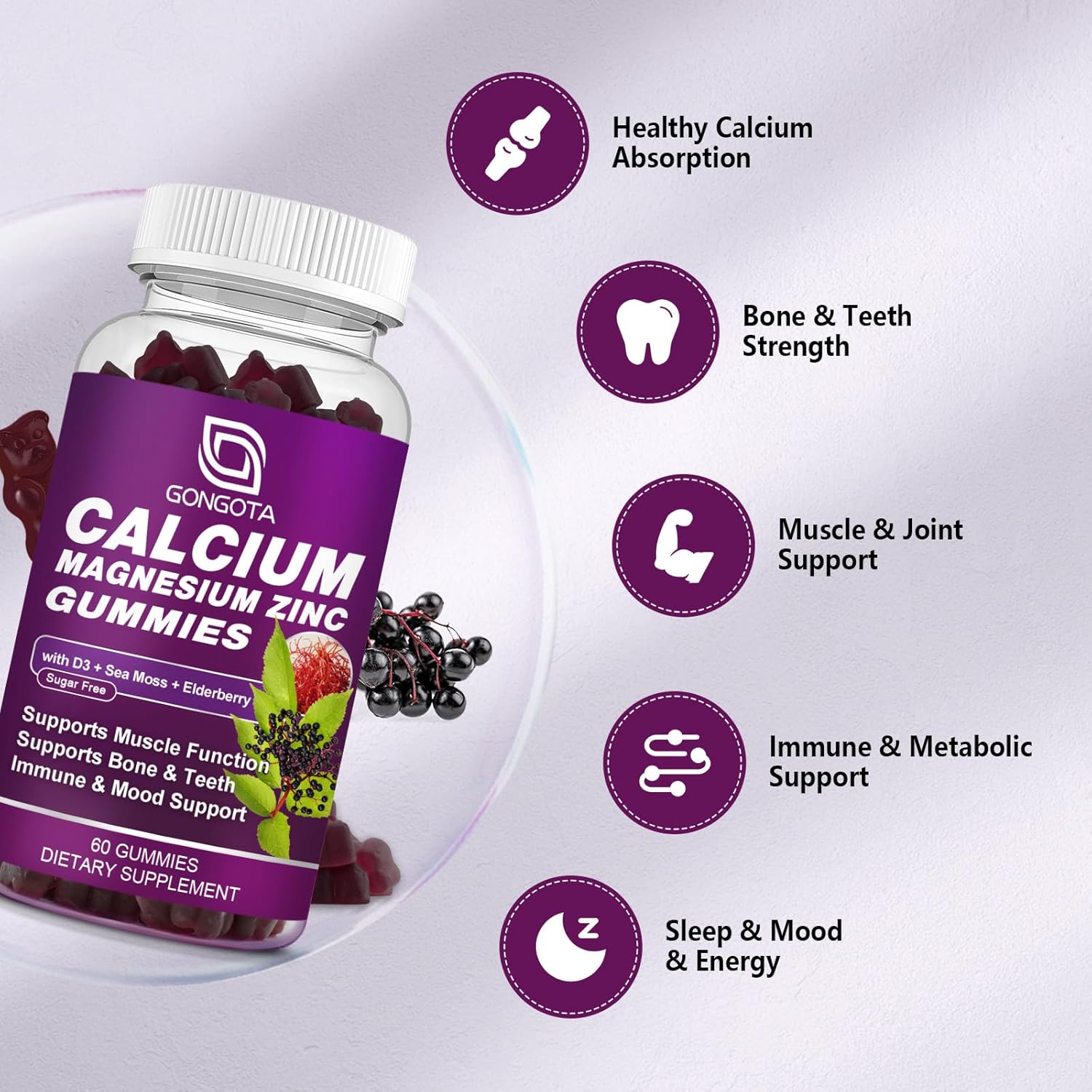 2-Pack Calcium Magnesium Zinc with Vitamin D3 Gummies for Bone & Muscle Support - Vegan & Sugar-Free Formula for Adults and Teens