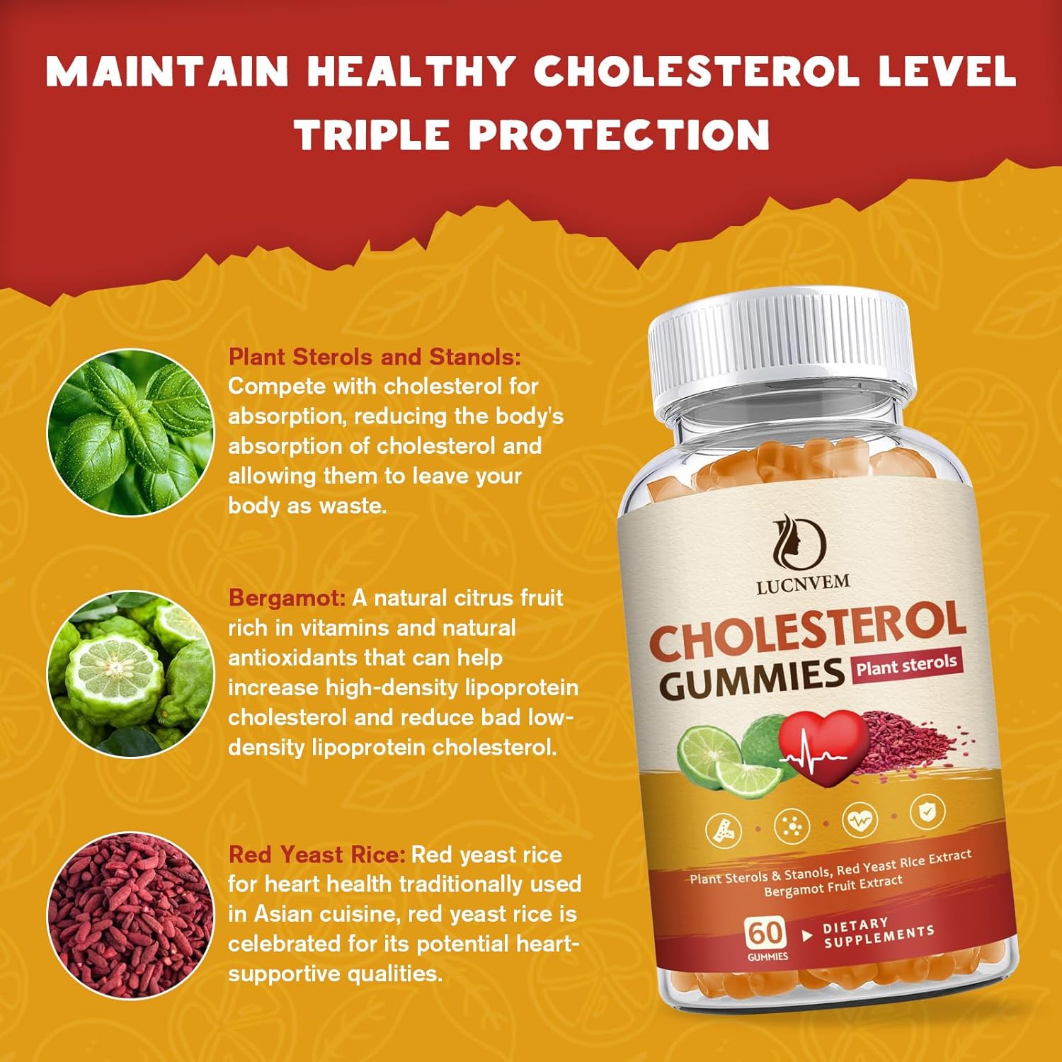 2 Pack Cholesterol Supplements Gummies - Plant Sterols, Stanols, Red Yeast Rice, Citrus Bergamot - Maintain Healthy Levels - 60 Day Supply
