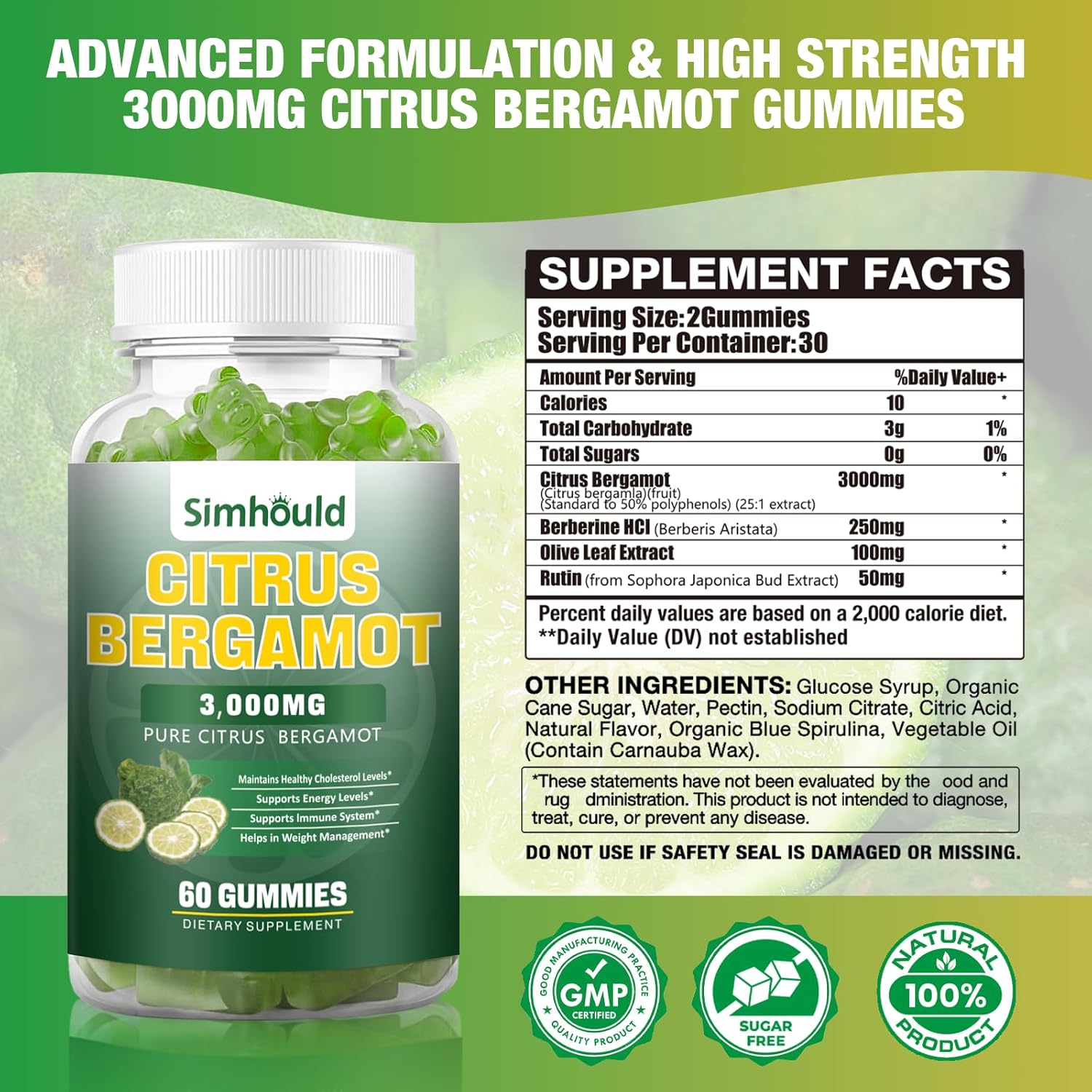 2 Pack Citrus Bergamot Gummies - 3000MG Extract Supplement for Cholesterol, Immune Support, Anti-Aging - Vegan, Sugar-Free - 120 Count
