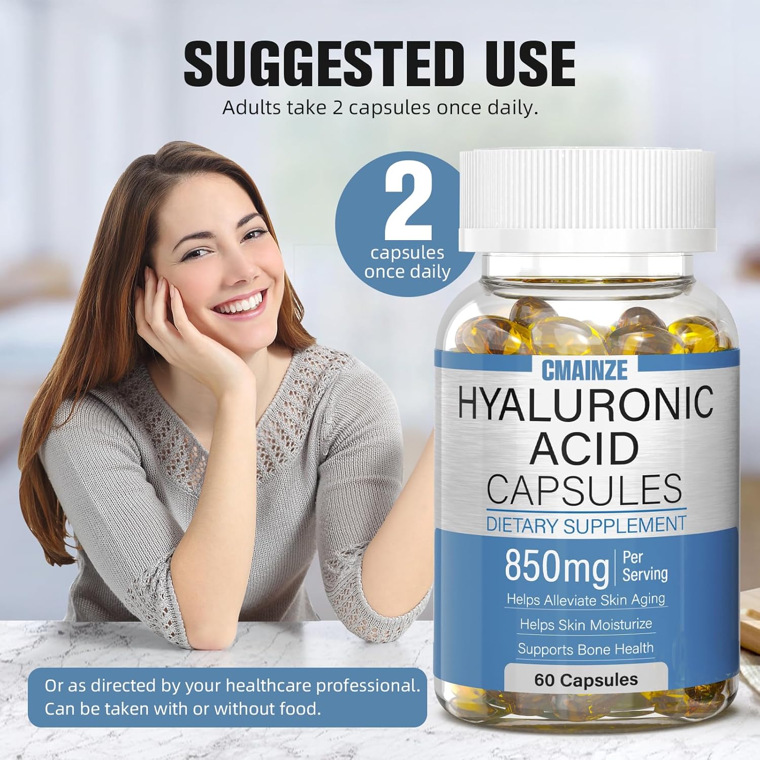 2-Pack CMAINZE Hyaluronic Acid Capsules, 850mg, Supports Skin & Joint Health, Highly Bioavailable, 60 Capsules