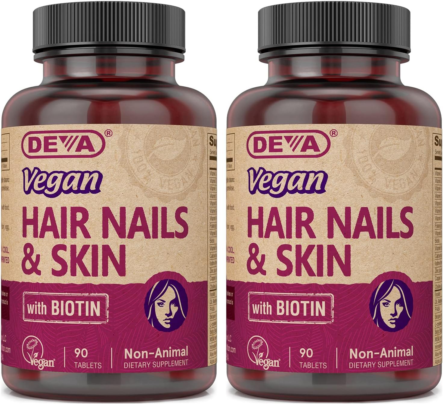 2-Pack DEVA Vegan Hair, Nails & Skin Supplement - 90 Tablets with 500 mcg Biotin