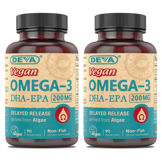 2-Pack DEVA Vegan Omega-3 DHA-EPA Capsules, Delayed Release, 90 Capsules Each, Made from Micro Algae