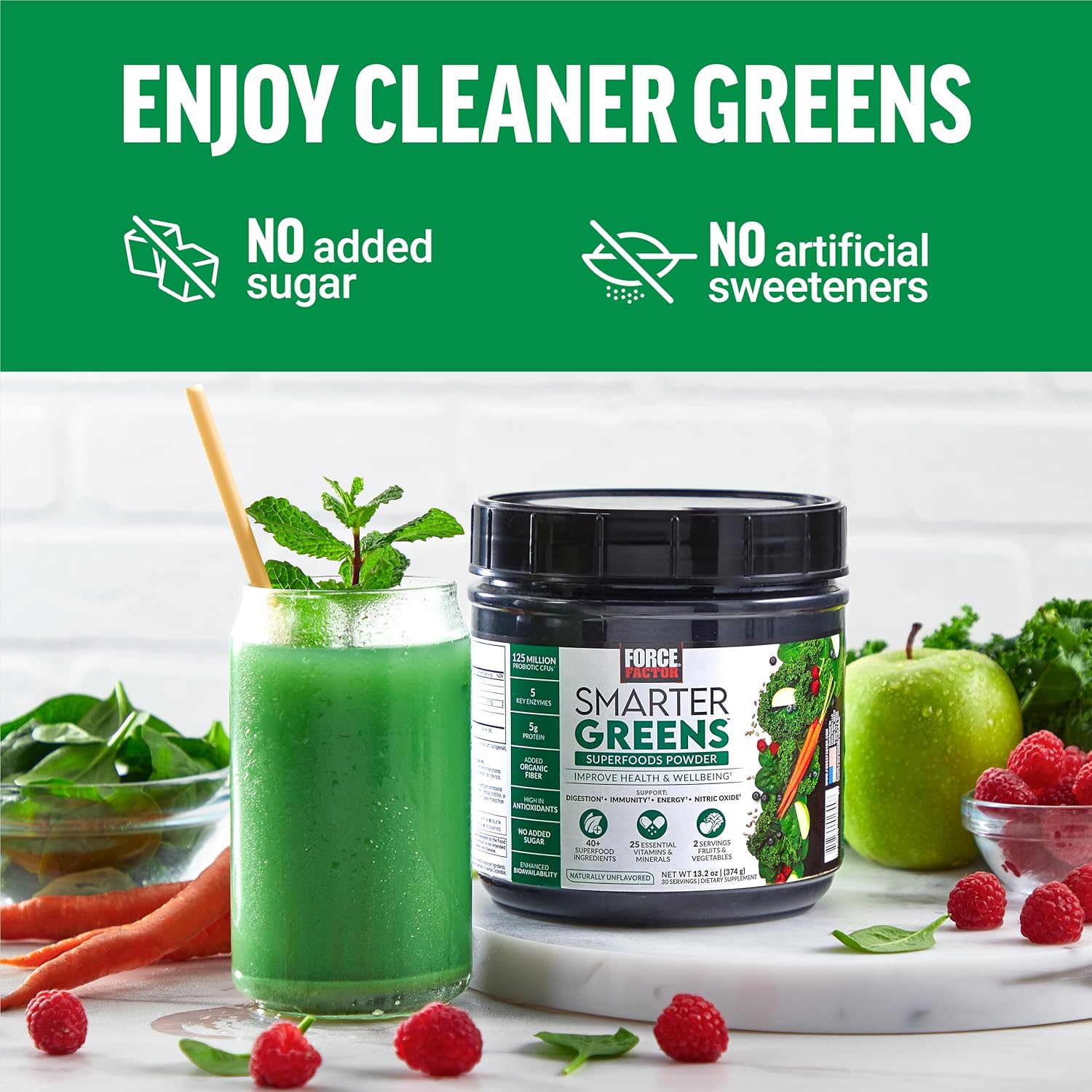 2-Pack Force Factor Smarter Greens Superfoods Powder - Supports Digestion, Immunity, Energy - Greens Powder with Probiotics, Enzymes, Antioxidants - 60 Servings