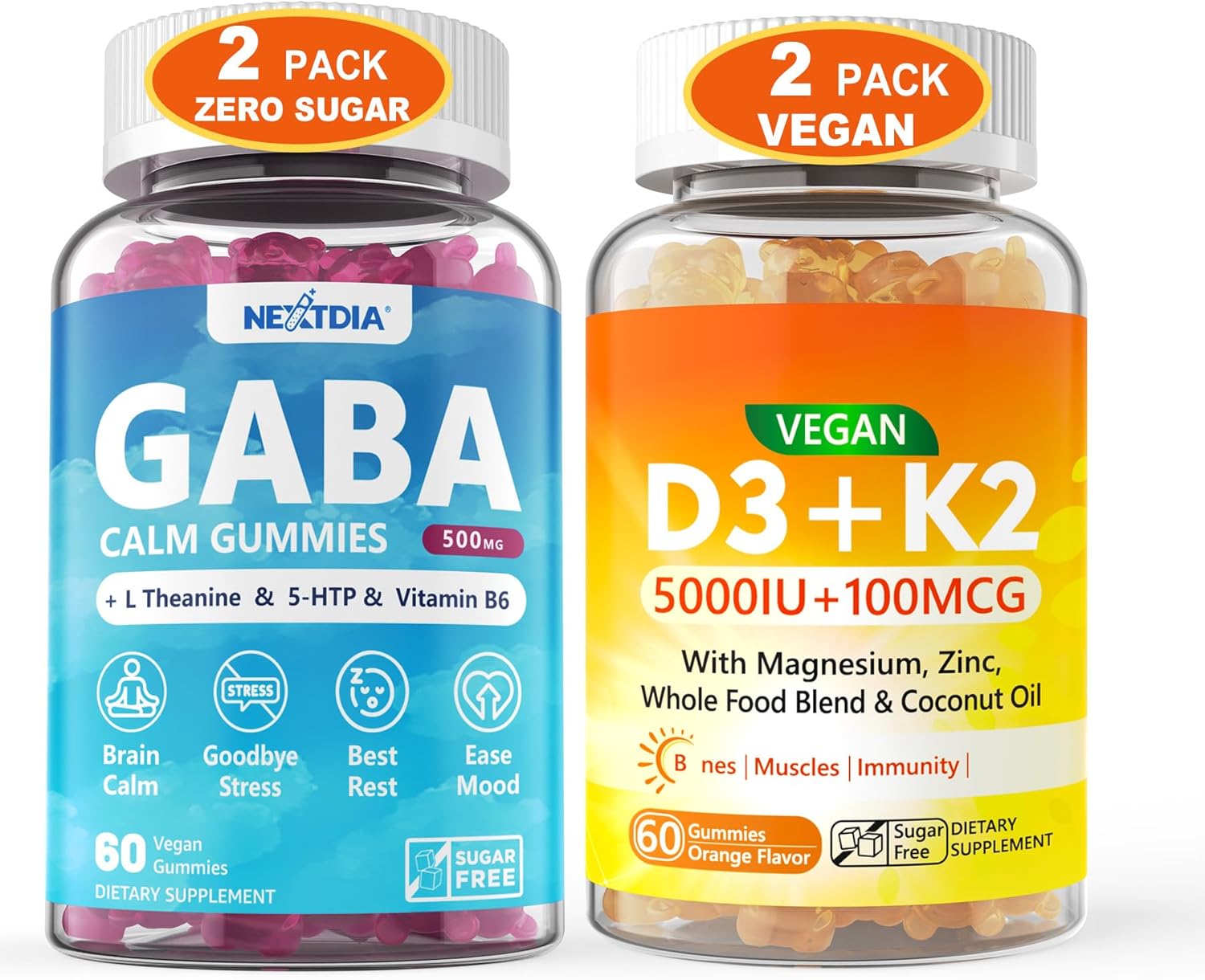 2-Pack GABA Gummies (500mg) + 2-Pack Vegan Vitamin D3 (5000IU) K2 Gummies - Whole Food Blend with Coconut Oil, Magnesium, Zinc