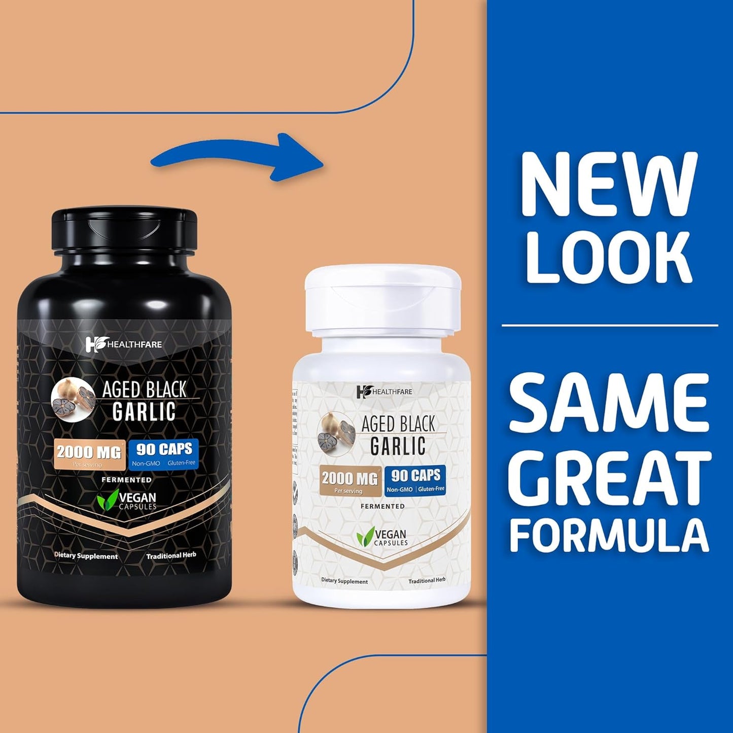 2 Pack Healthfare Fermented Aged Black Garlic Supplement Extract - 2000mg Maximum Strength Capsules (90 Count) - Non-GMO & Gluten Free