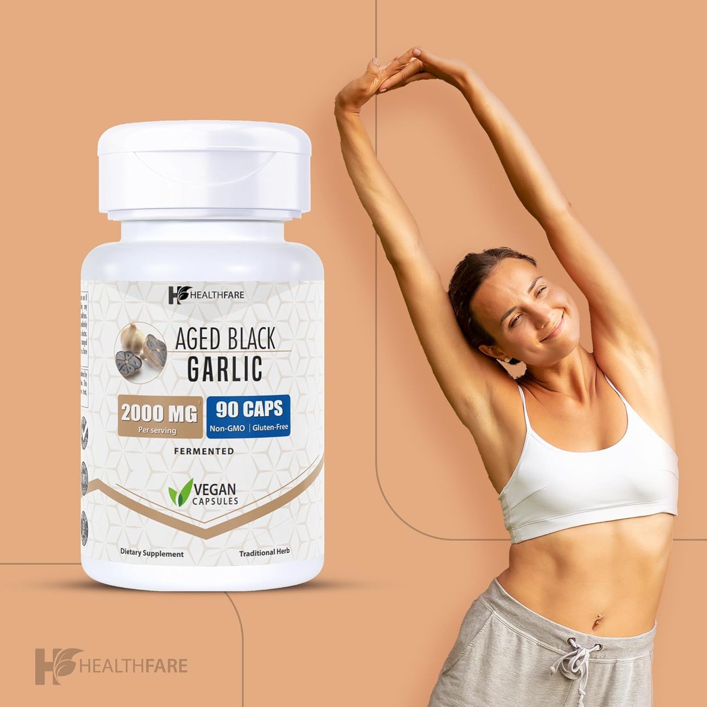 2 Pack Healthfare Fermented Aged Black Garlic Supplement Extract - 2000mg Maximum Strength Capsules (90 Count) - Non-GMO & Gluten Free