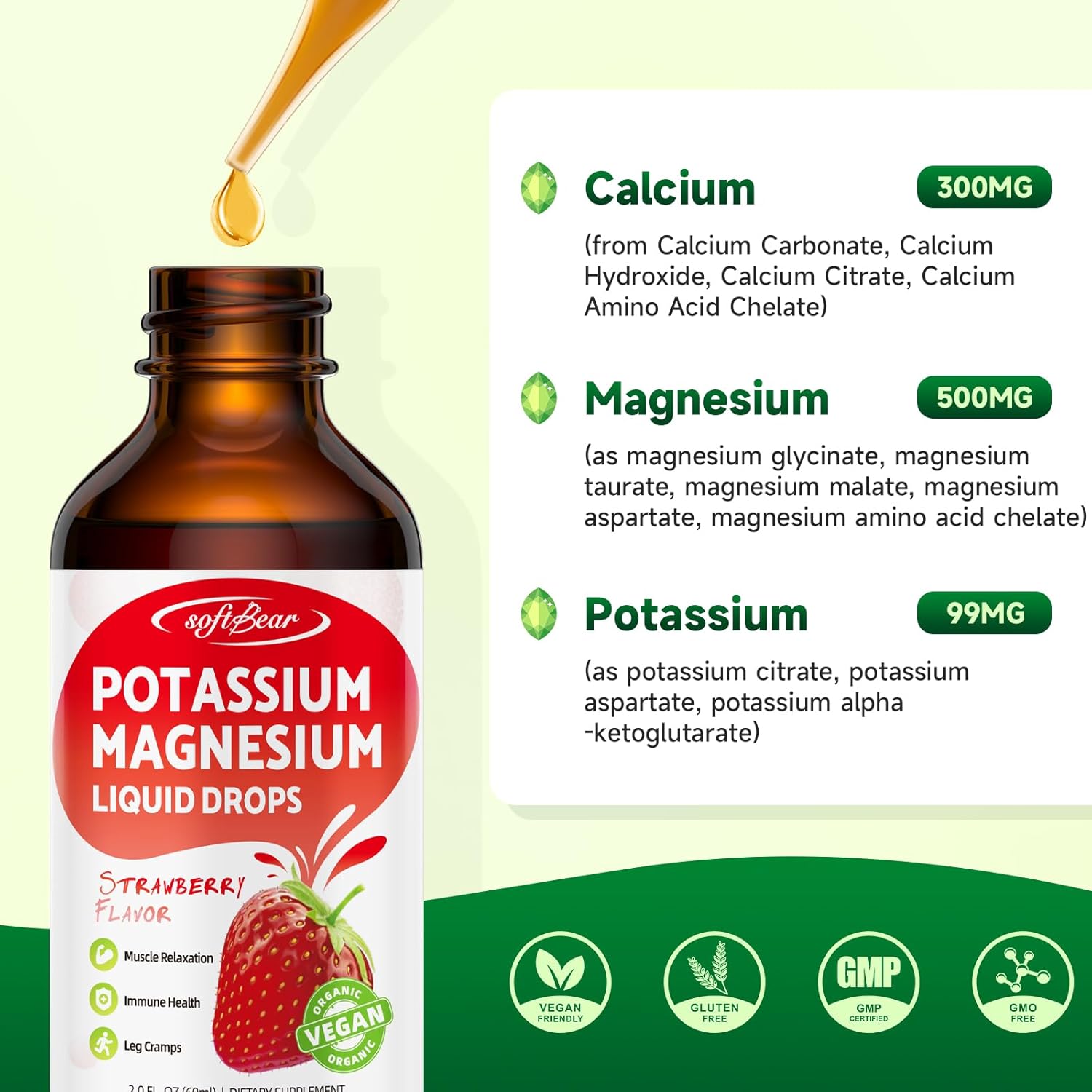 2 Pack High Absorption Calcium, Potassium, and Magnesium Liquid Drops for Bone & Muscle Health - Strawberry Flavor 4 Fl Oz