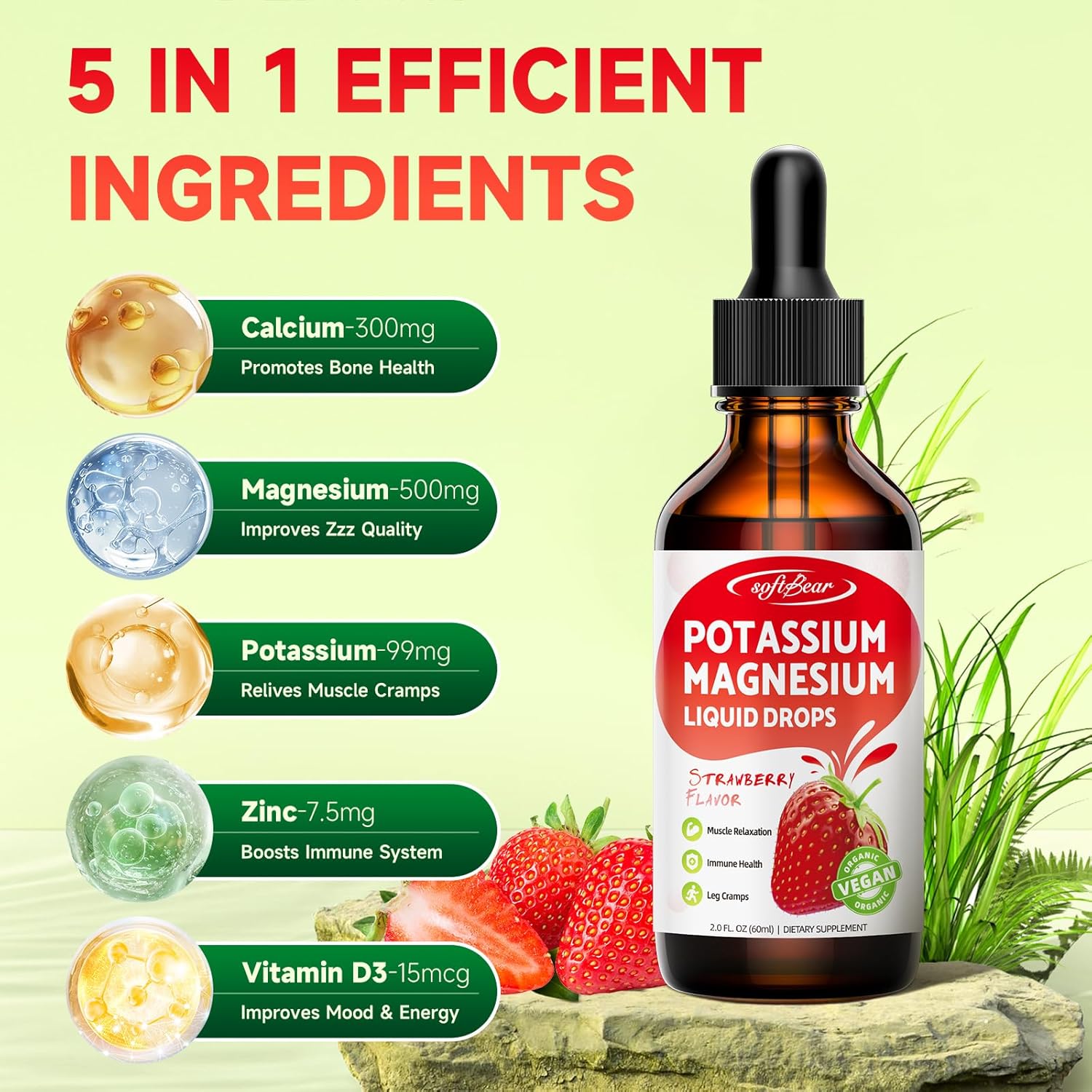 2 Pack High Absorption Calcium, Potassium, and Magnesium Liquid Drops for Bone & Muscle Health - Strawberry Flavor 4 Fl Oz